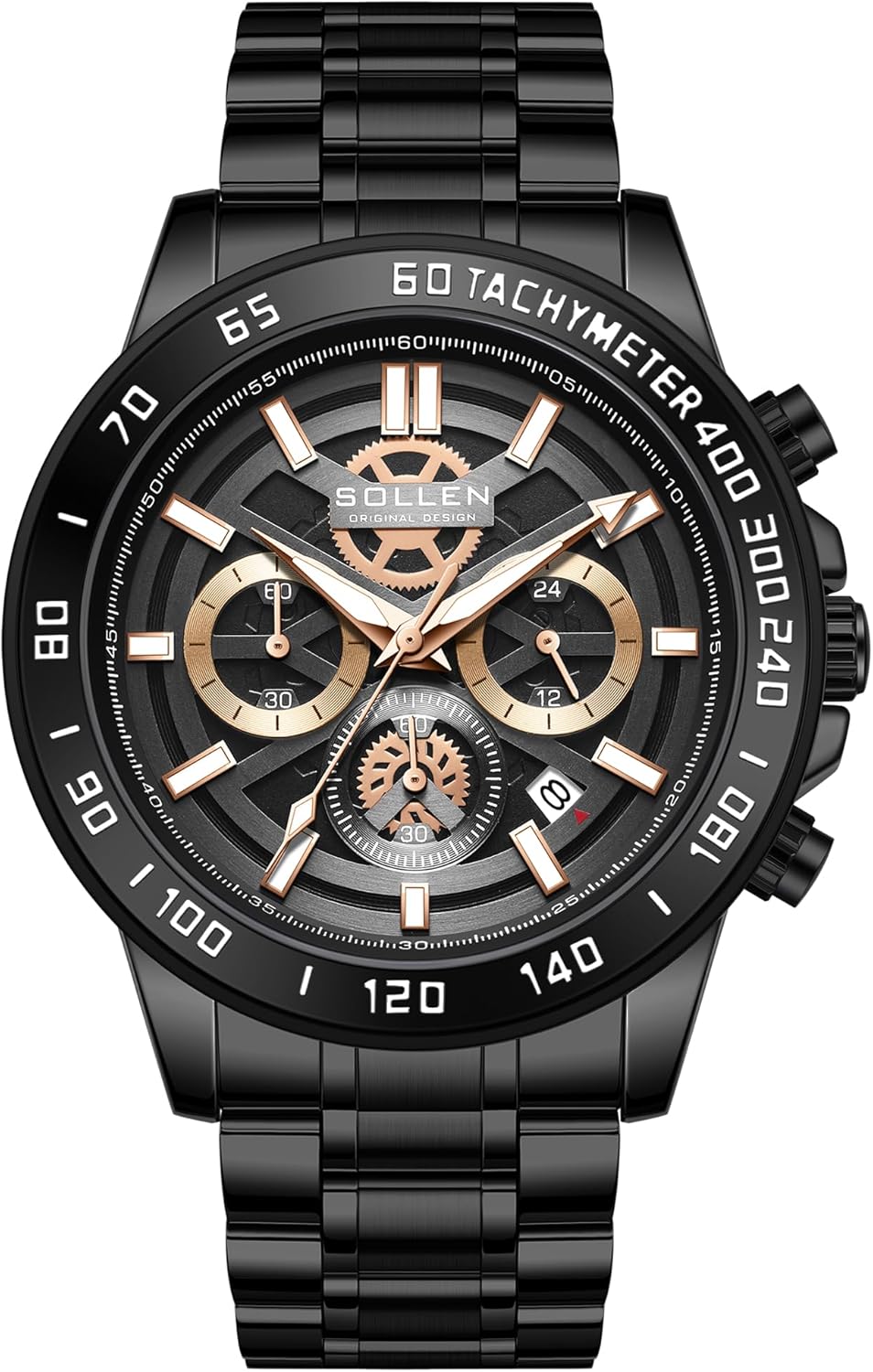 SOLLEN Black Chronograph Watches for Men, Analog Quartz Mens Watches, Fashion Sport Wrist Watches with Calendar, 30M Waterproof Luxury Casual Dress Work Watch, Luminous Skeleton Watches Gifts for Men