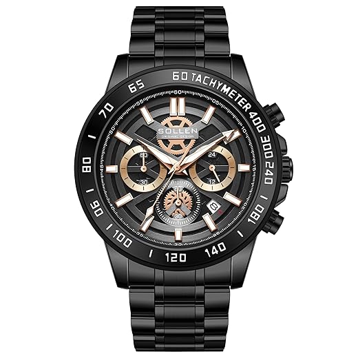 SOLLEN Black Chronograph Watches for Men, Analog Quartz Mens Watches, Fashion Sport Wrist Watches with Calendar, 30M Waterproof Luxury Casual Dress Work Watch, Luminous Skeleton Watches Gifts for Men