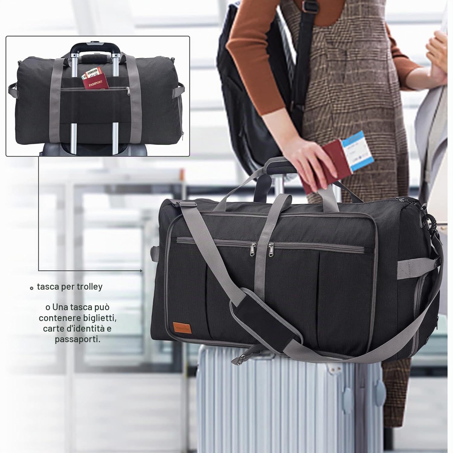 Upeelife Borsa da viaggio, grande pieghevole, leggera, borsa sportiva Weekender impermeabile, con scomparto per scarpe per uomo e donna