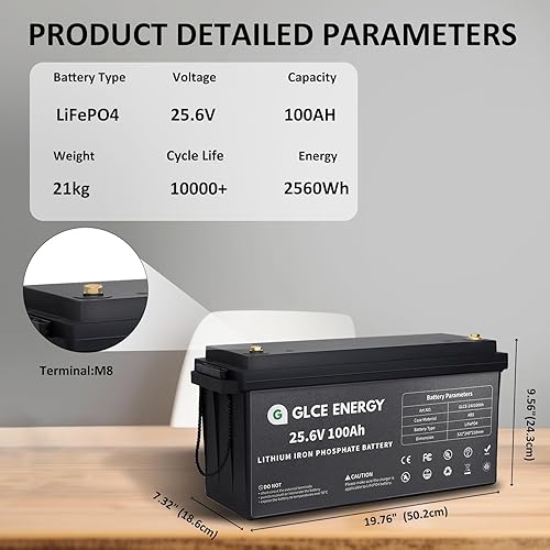 Miniatura 3 de GLCE ENERGY Batería de litio LiFePO4 de 24 V 100 Ah, BMS de 100 A, vida útil de 10 años con batería recargable de más de 10000 ciclos profundos para