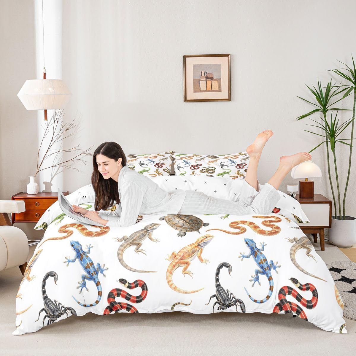 Erosebridal Tropical Reptiles Comforter Cover Queen for Boys - Gecko Turtle Snakes Scorpions Bedding Set Watercolor Nature Wildlife Duvet Cover,Outdoor Adventure Bed Set