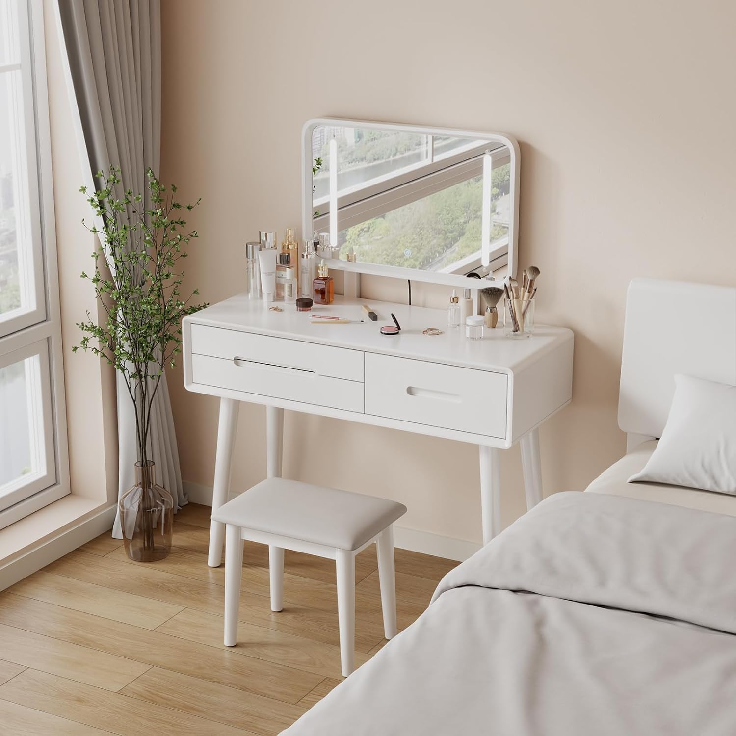 Solid Wood Vanity with Mirror and Lights, Adjustable Brightness, Wood Makeup Vanity with 3 Drawers, Semi-Assembled, Vanity Desk for Bedroom (White)