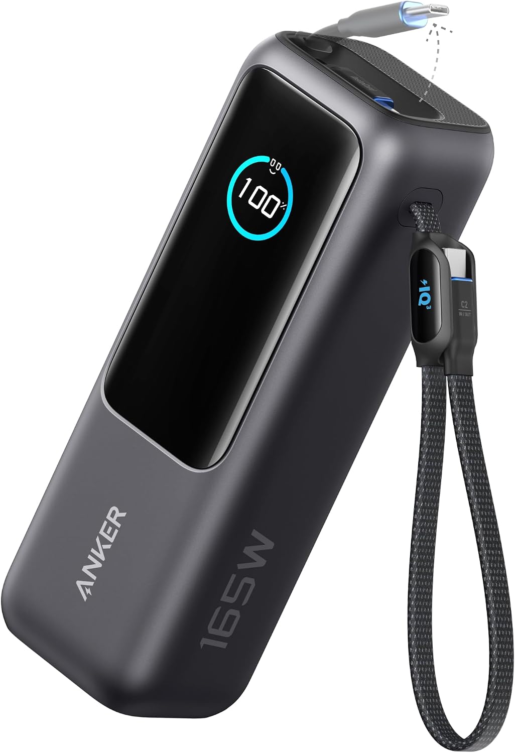 Anker powerbank do laptopa 165 W 25000 mAh z wysuwanym kablem 70 cm | 3 porty USB-C, z paskiem do noszenia, do MacBook Pro, iPhone 17/16/15, Samsung, dopuszczony do przewozu lotniczego