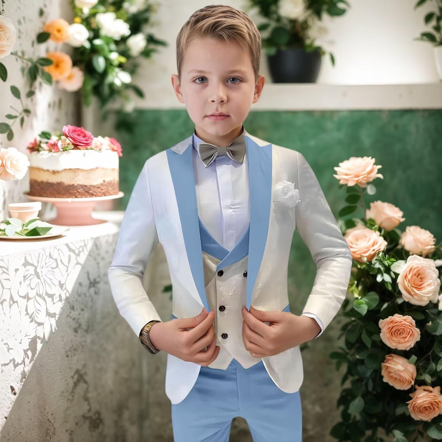 Boys Suits Jacquard Slim Fit 3 Piece Kids Tuxedo Suits for Boys Formal Wedding Suit Blazer Vest and Pants