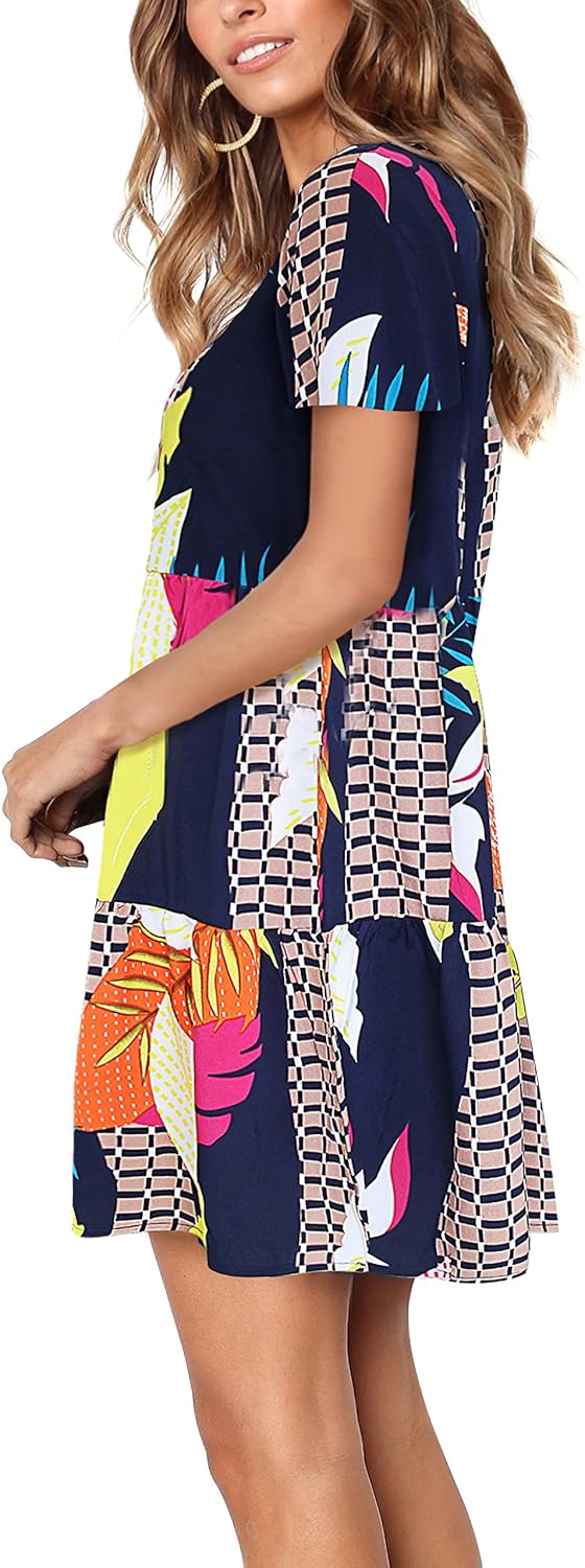 Amoretu Women Summer Tunic Dress V Neck Short Sleeve Casual Loose Flowy Swing Shift Dresses - Image 2