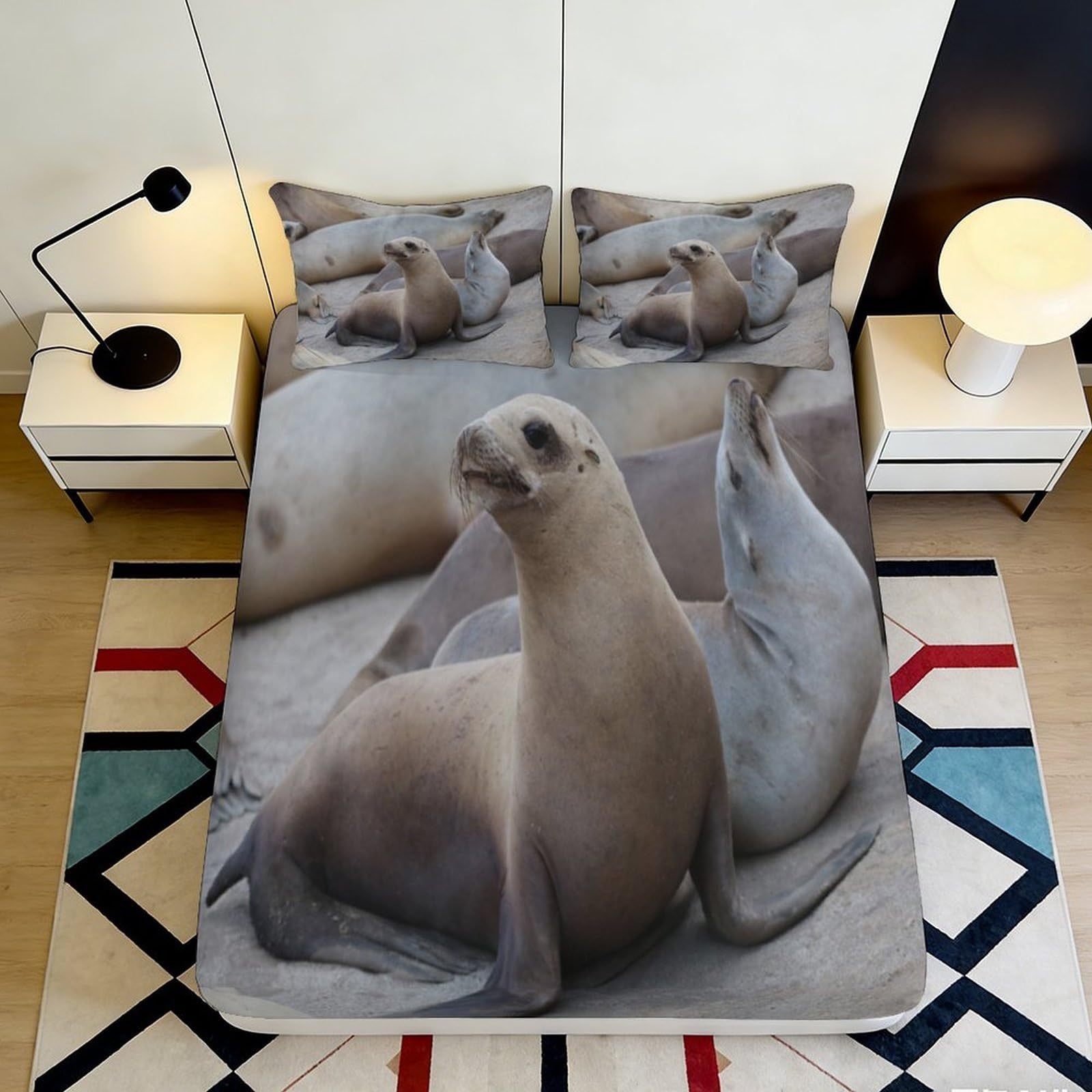 3D Printed Sea Lion Fitted Sheet Microfiber Full Wrap Deep Pocket Sea Lion Mattress Fitted Cover Non-Slip Washable for Bedroom 140x200x25cm