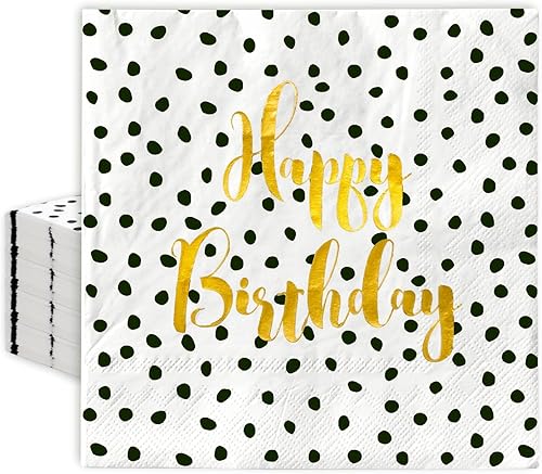 Miniatura 1 de AnyDesign - Paquete de 80 servilletas de papel de feliz cumpleaños, papel de aluminio dorado, manchas negras, servilletas cuadradas desechables para