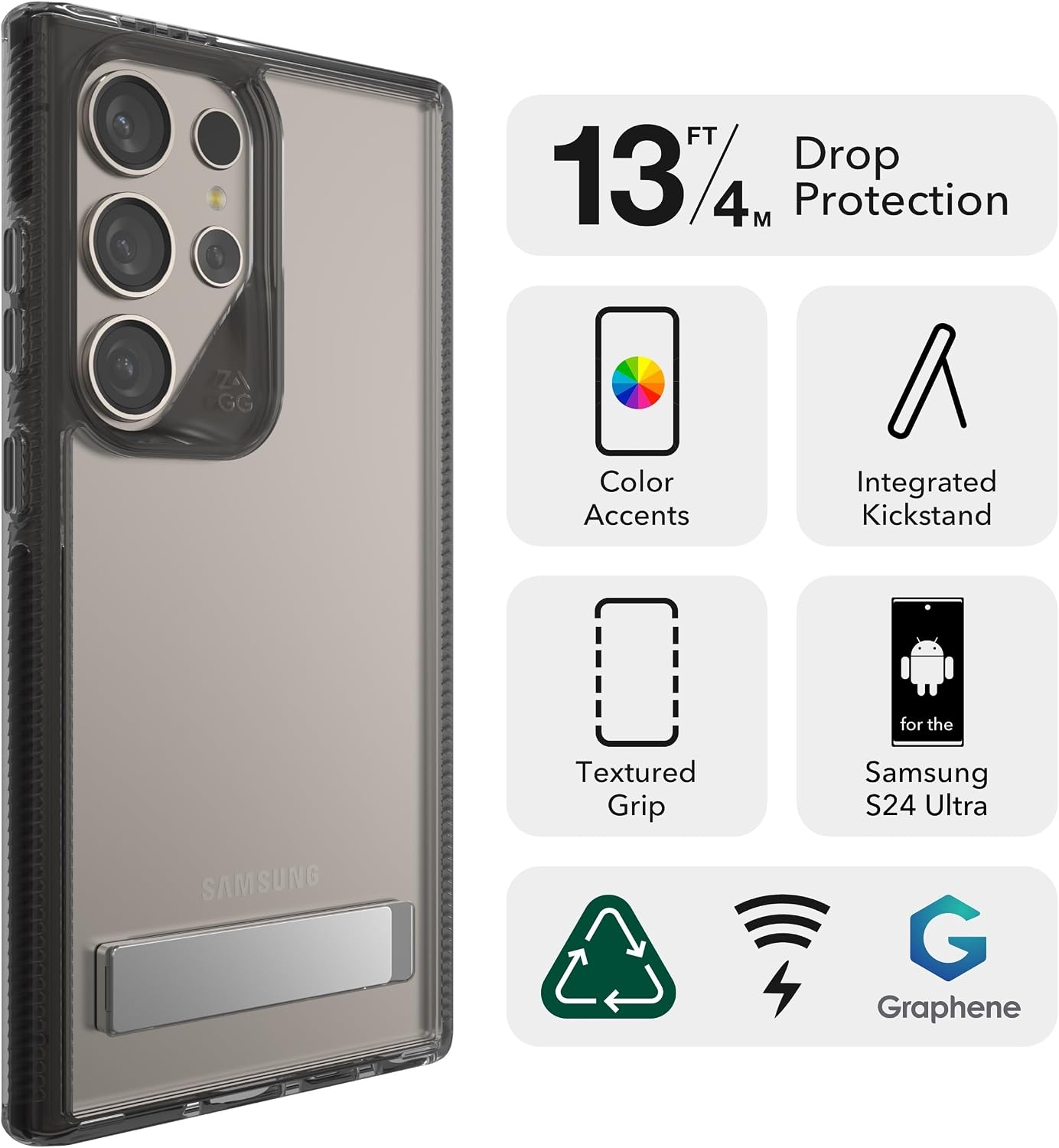 ZAGG Santa Cruz Samsung Galaxy S24 Ultra Case with Kickstand - Graphene-Enhanced, Drop-Resistant up to 13ft, Ultra Slim, Clear Case with Color Accents, Black