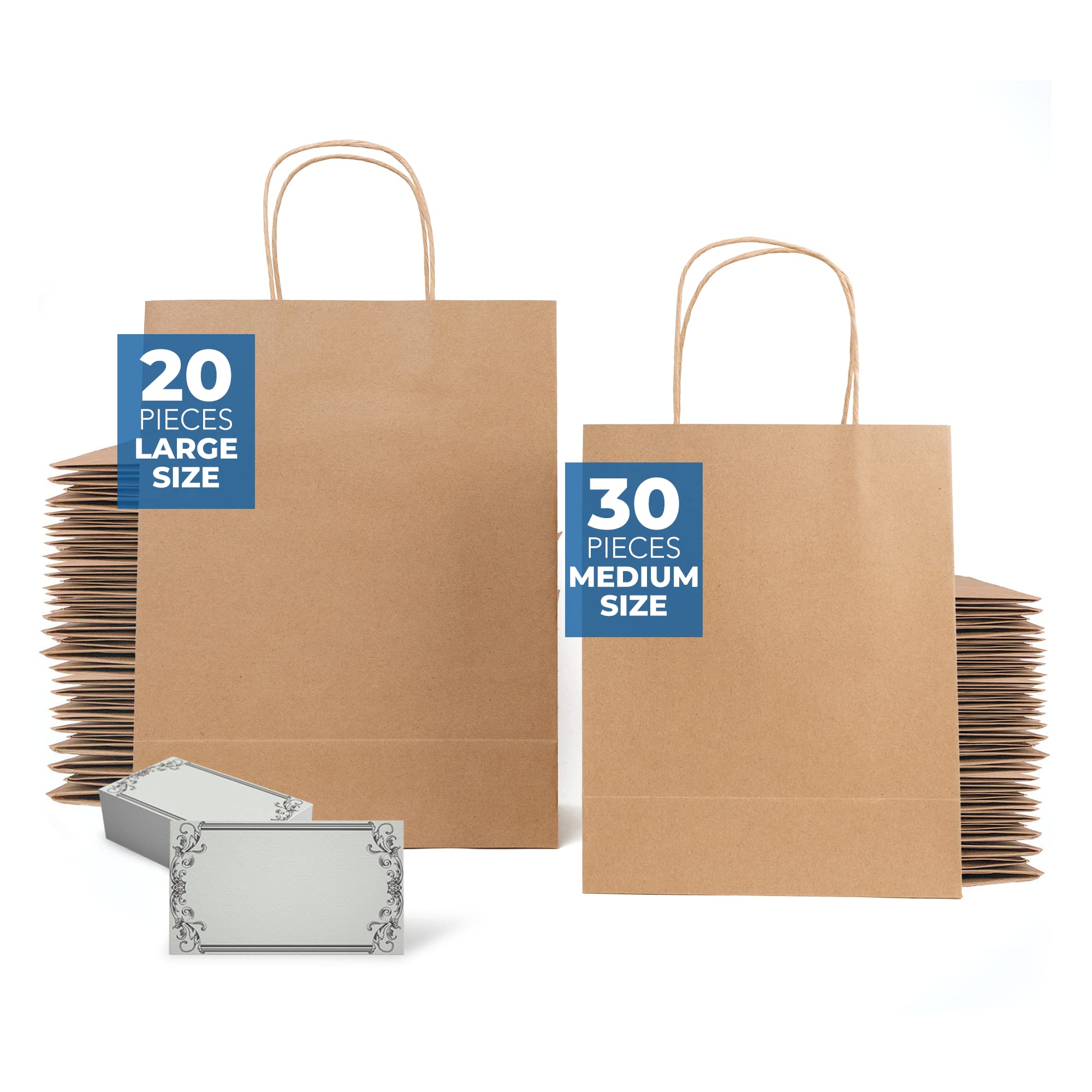 Brown Paper Bags with Handles Bulk and Designer Labels - 50 Pack - 120gsm - 30 Pieces of 8 x 4 x 10 Inch Kraft Paper Bags, 20 Pieces of 10 x 5 x 13 Inch, and 50 Labels - Brown Gift Bags with Handles