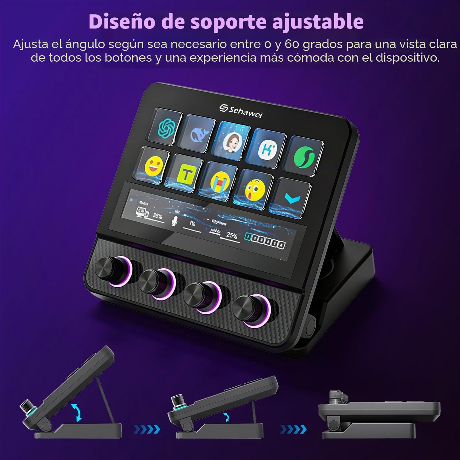 Sehawei Stream Controller Deck,Controlador de estudio, funciona en Mac y PC | 10 teclas macro,4 Customized knobs,Touch screen,activa acciones en apps y software como OBS, Twitch, YouTube y otros