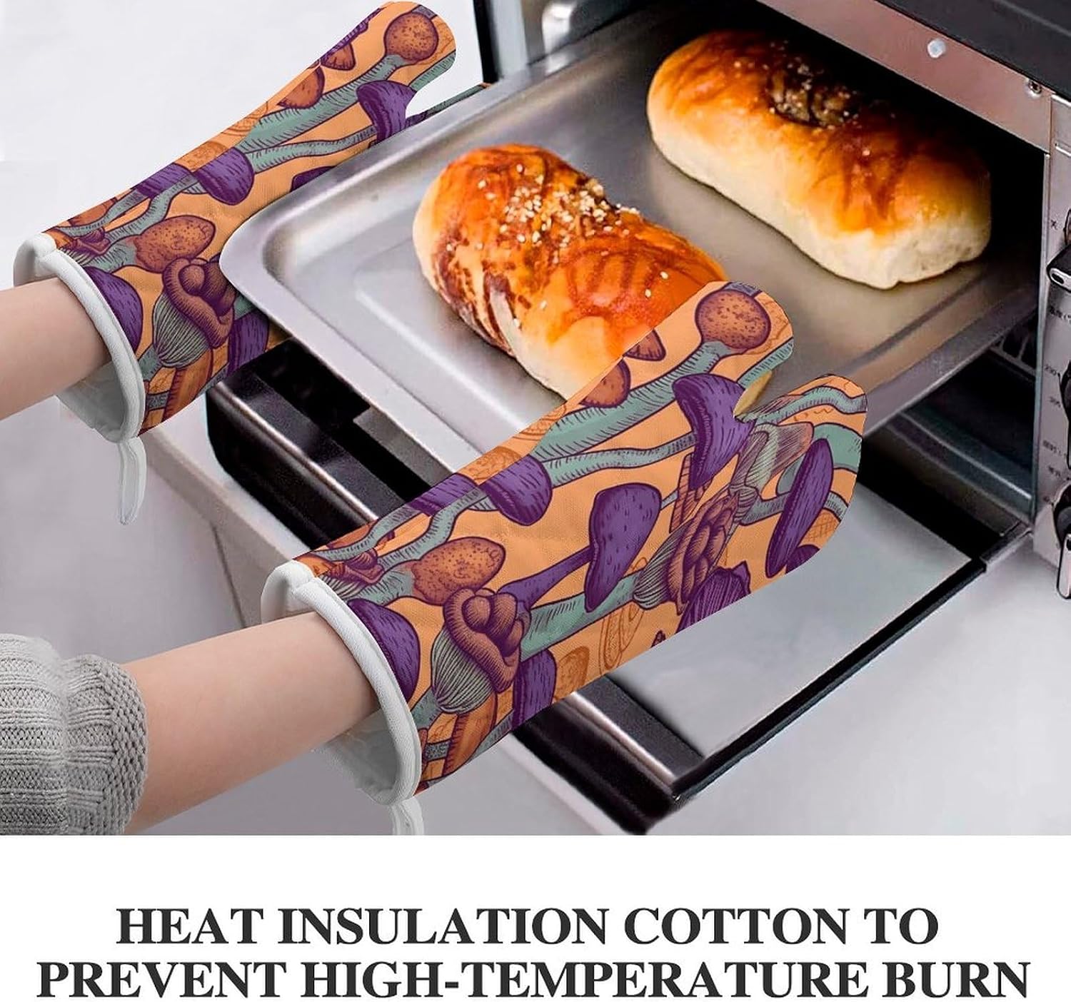 2 Pcs Oven Mitts Heat Resistant Kitchen Gloves Soft Safety Hippie Art Mushrooms Oven Glove for Microwave, Barbecue