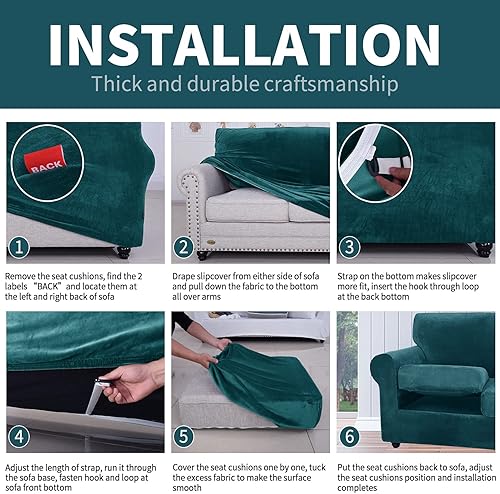 Miniatura 6 de Chelzen - 4 fundas de terciopelo para sofá de 3 asientos, muy elásticas y antideslizantes, con parte inferior elástica, para sala de estar,