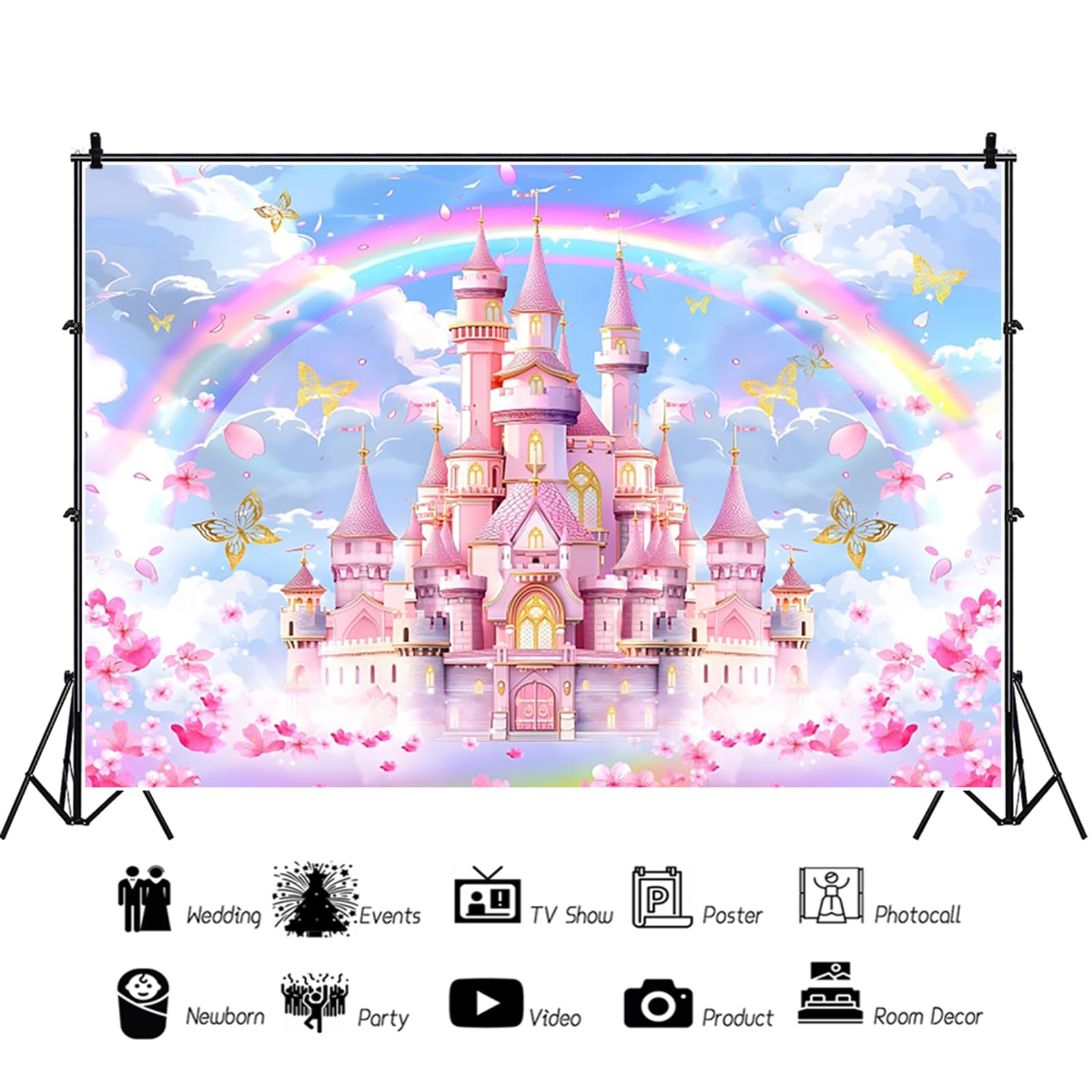 Sfondo di Principessa Castello 3x2m, Castello Rosa Arcobaleno Farfalla Floreale Fotografia Sfondo Principessa Bambina 1° Compleanno Baby Shower Festa Decorazione Banner Attrezzi da Studio