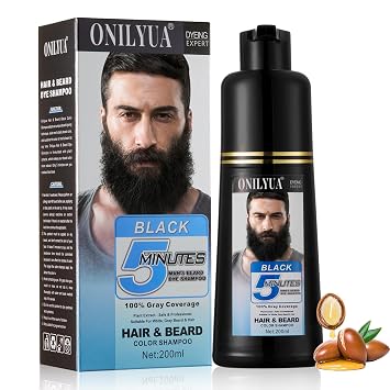 Mens Beard Dye for Men in 5 Minutes, Black Beard Dye Shampoo for Mustache 100% Gray Coverage, Root Touch Up, 3 in 1 Simpler Hair Color for Men, Long Lasting Color Shampoo for Facial Hair, 200 ml