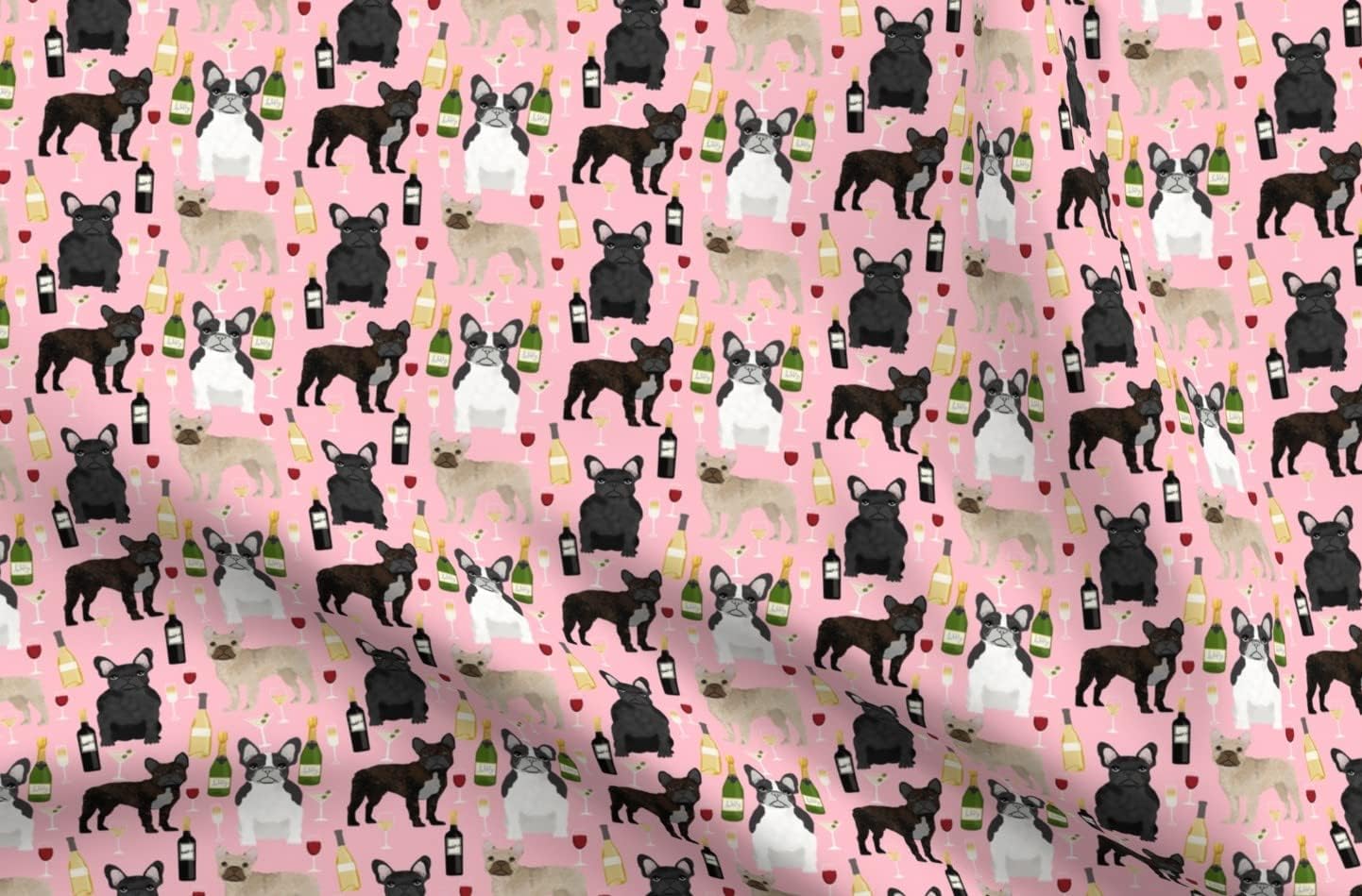 Spoonflower Fabric - French Bulldogs Wine Champagne Celebrate Frenchies Pink Frenchie Printed on Upholstery Velvet Fabric Fat Quarter - Upholstery Home Decor Bottomweight Apparel