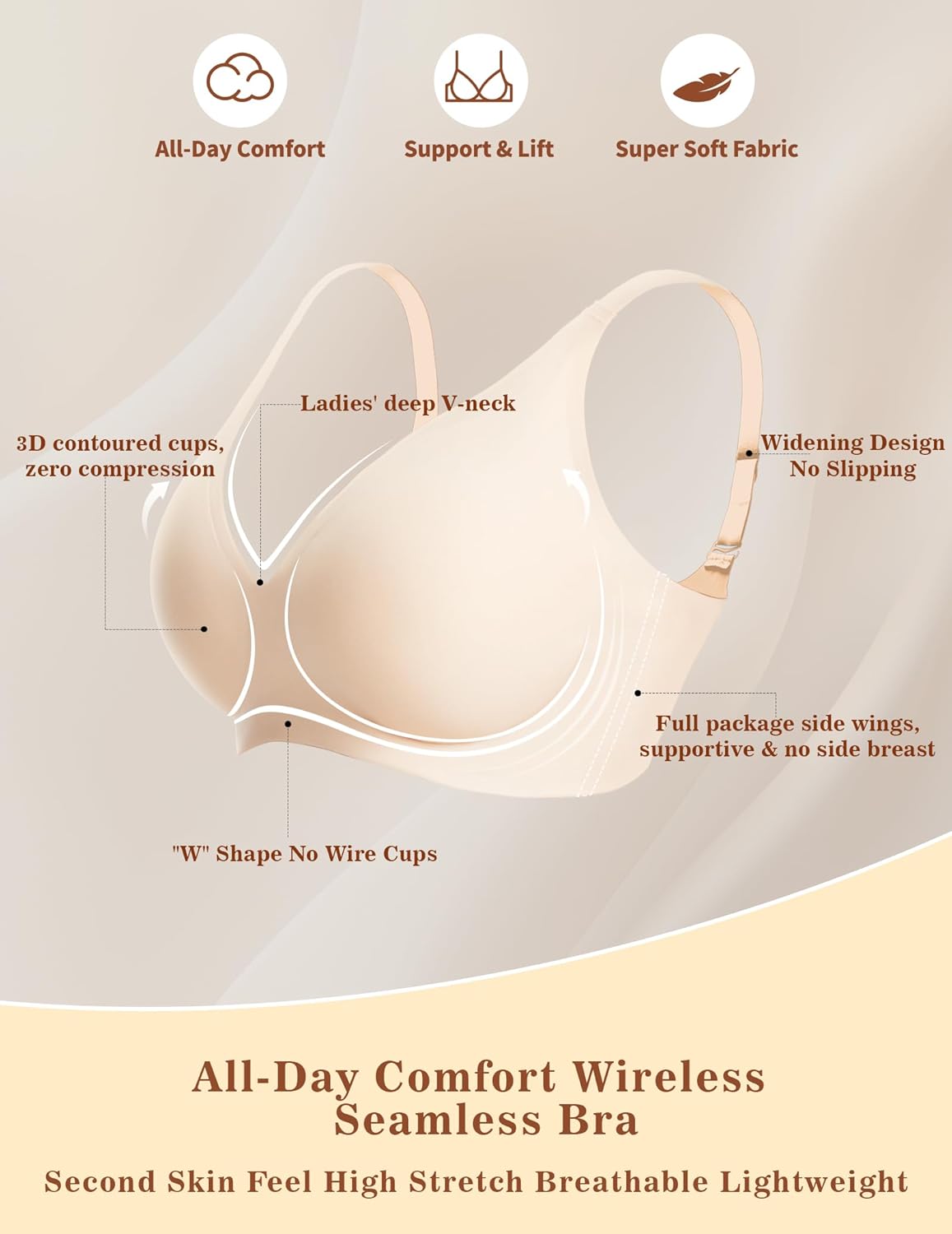 Seamless Deep V Push Up Wireless Bra for Women - Wire Free Plunge Bralette Comfort, No Underwire Tshirt Bra Soft Support, Back Smoothing & Lift for Daily Wear - Nude M - Image 4