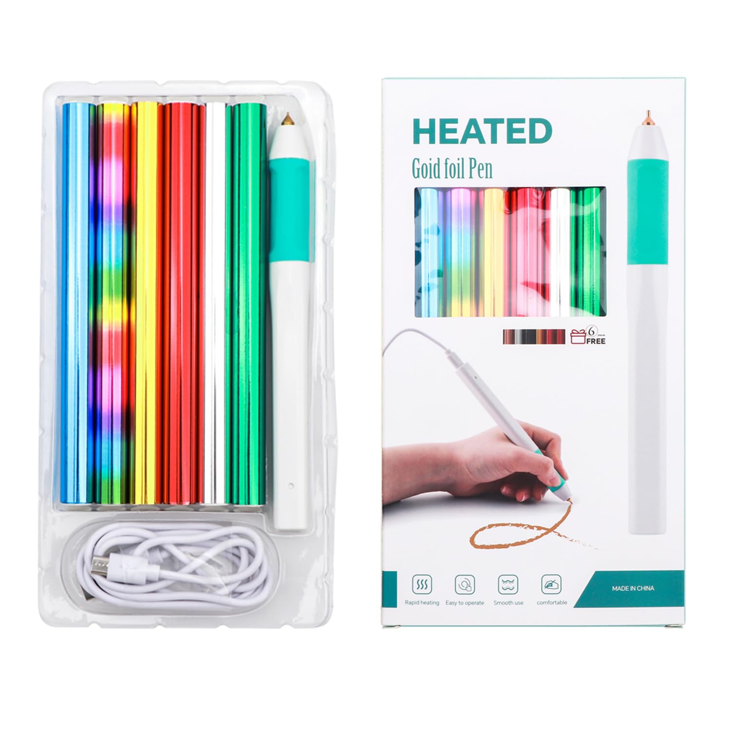 7 pennarelli termoadesivi e rotolo di lamine termoadesive per creazione di biglietti, artigianato, scrapbooking, penna da disegno con cavo USB DC5V per scrivere