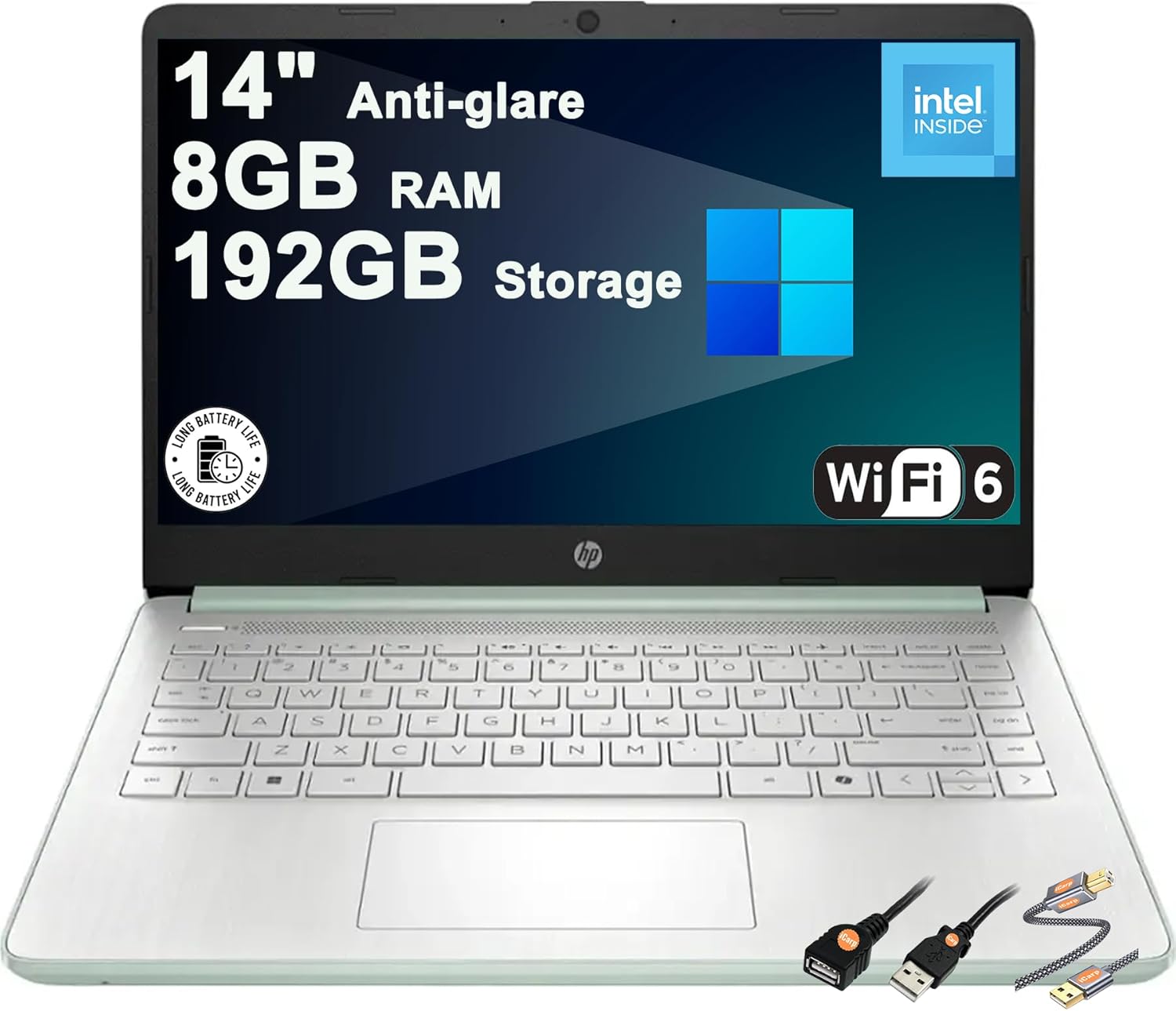 HP 14 Business & Student Portable Laptop 14" HD Anti-Glare Intel Quad-core N150 8GB RAM 192GB Storage (128GB UFS + 64GB SD Card) Type-C Wi-Fi6 Fast Charge Long-Lasting Battery Win11 ICP Accessory