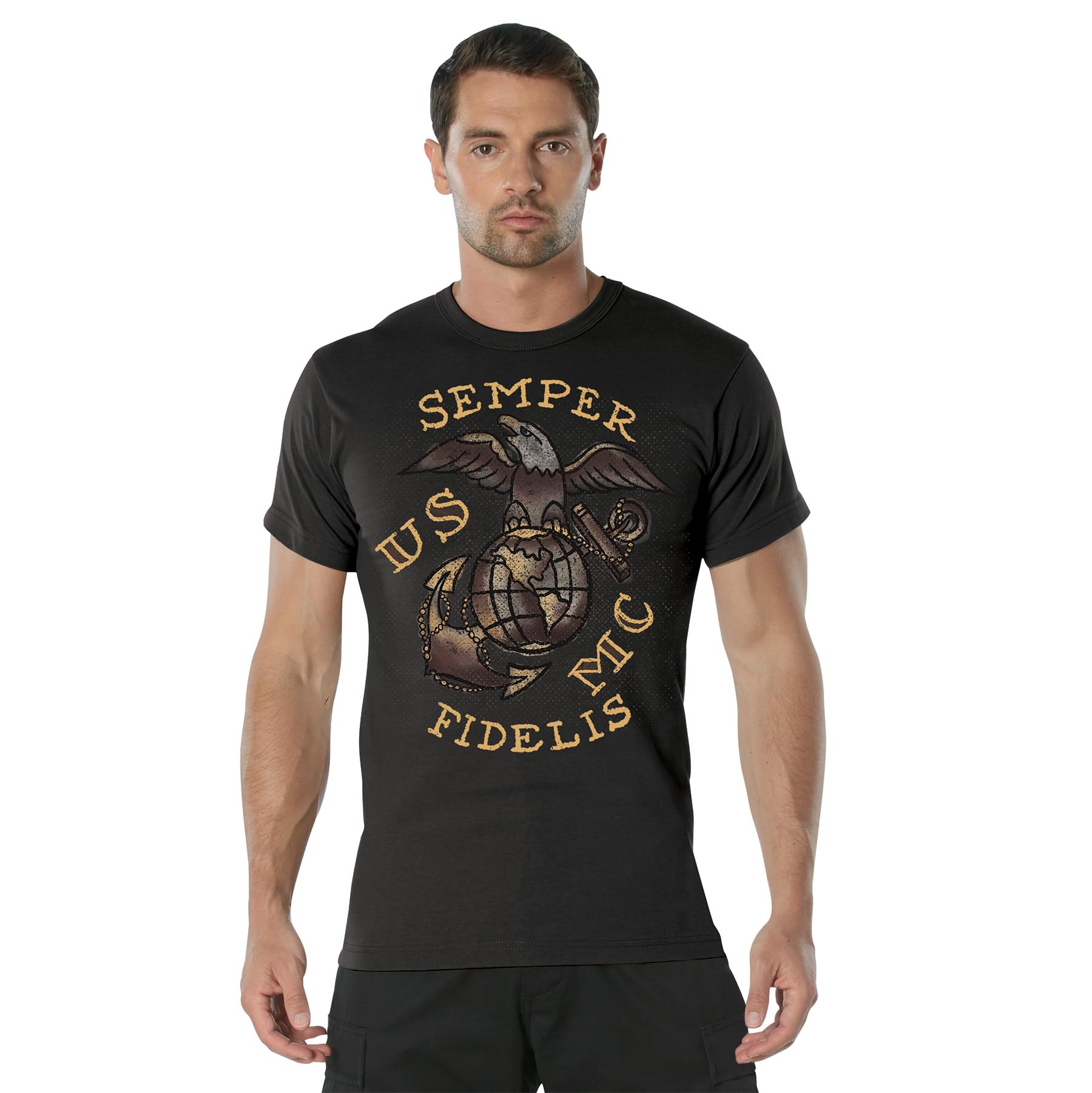 Rothco USMC Semper Fidelis T-Shirt – Printed United States Marine Corps Graphic Tee, Black, Medium