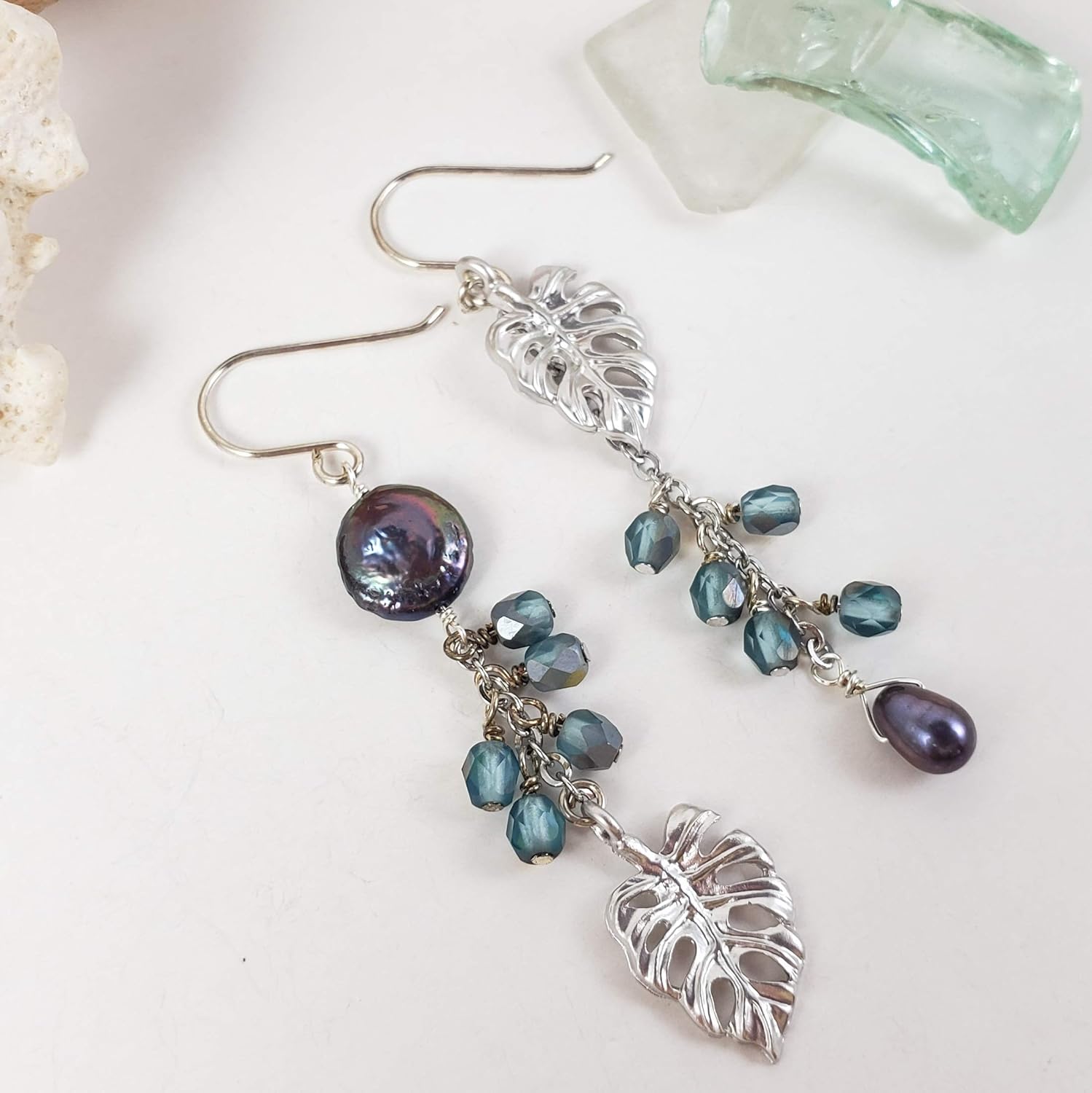 Monstera leaf black pearl and blue glass silver asymmetrical earrings-hypoallergenic for sensitive skin, Handmade in Hawaii Beach Jewelry