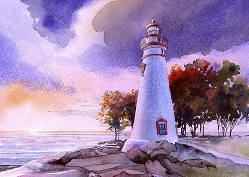 Marblehead Lighthouse Sunset, Lake Erie, Ohio, por James Mann. Impresiones artísticas en acuarela mate (5 x 7)