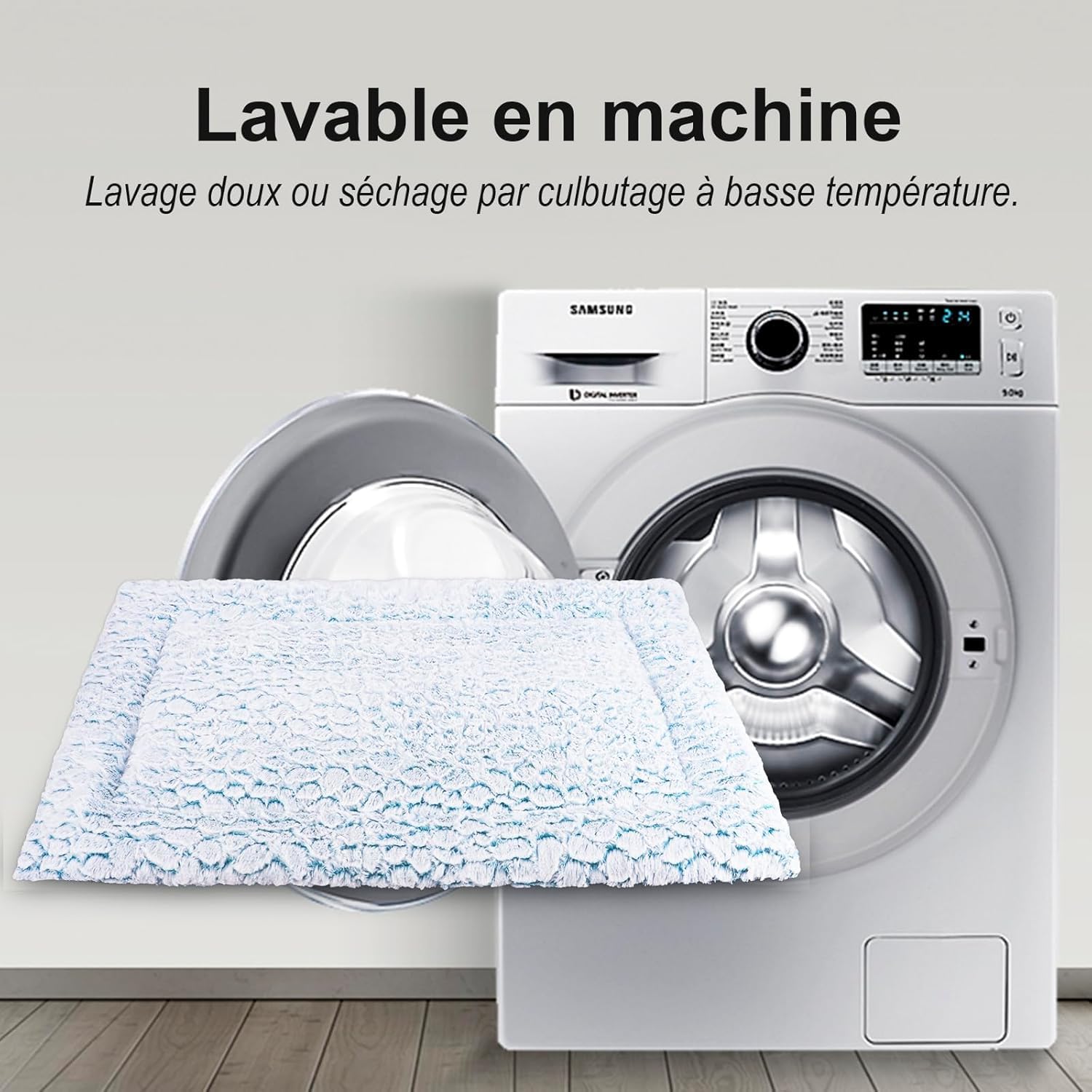 Tapis Chien Court en Peluche pour Chiens de Moyen Taille, Matelas Chien, 94 x 61 cm, Bleu