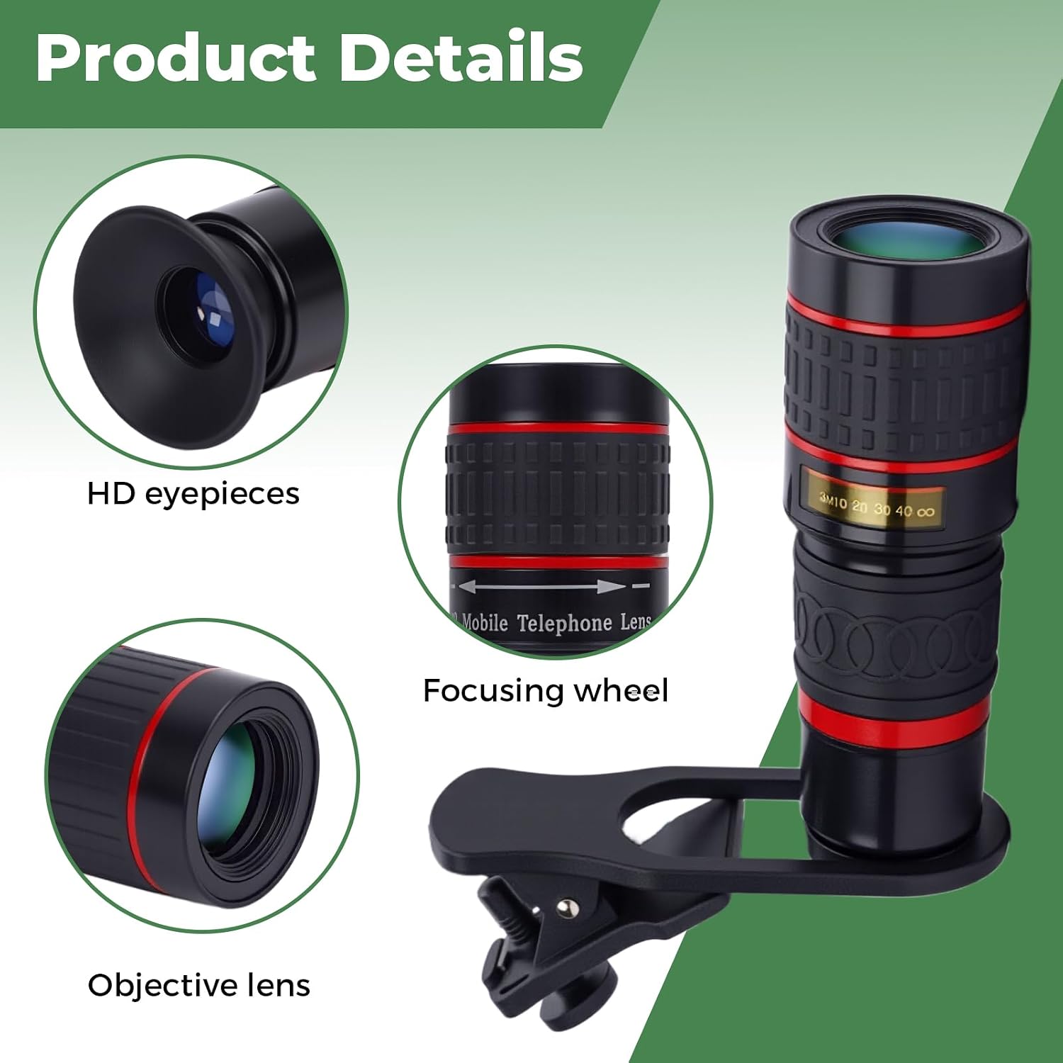Acouto 20X Telephoto Lens, Long Focus Zoom Telephoto Lens with Clip for Smart Phone Tablet PC Black