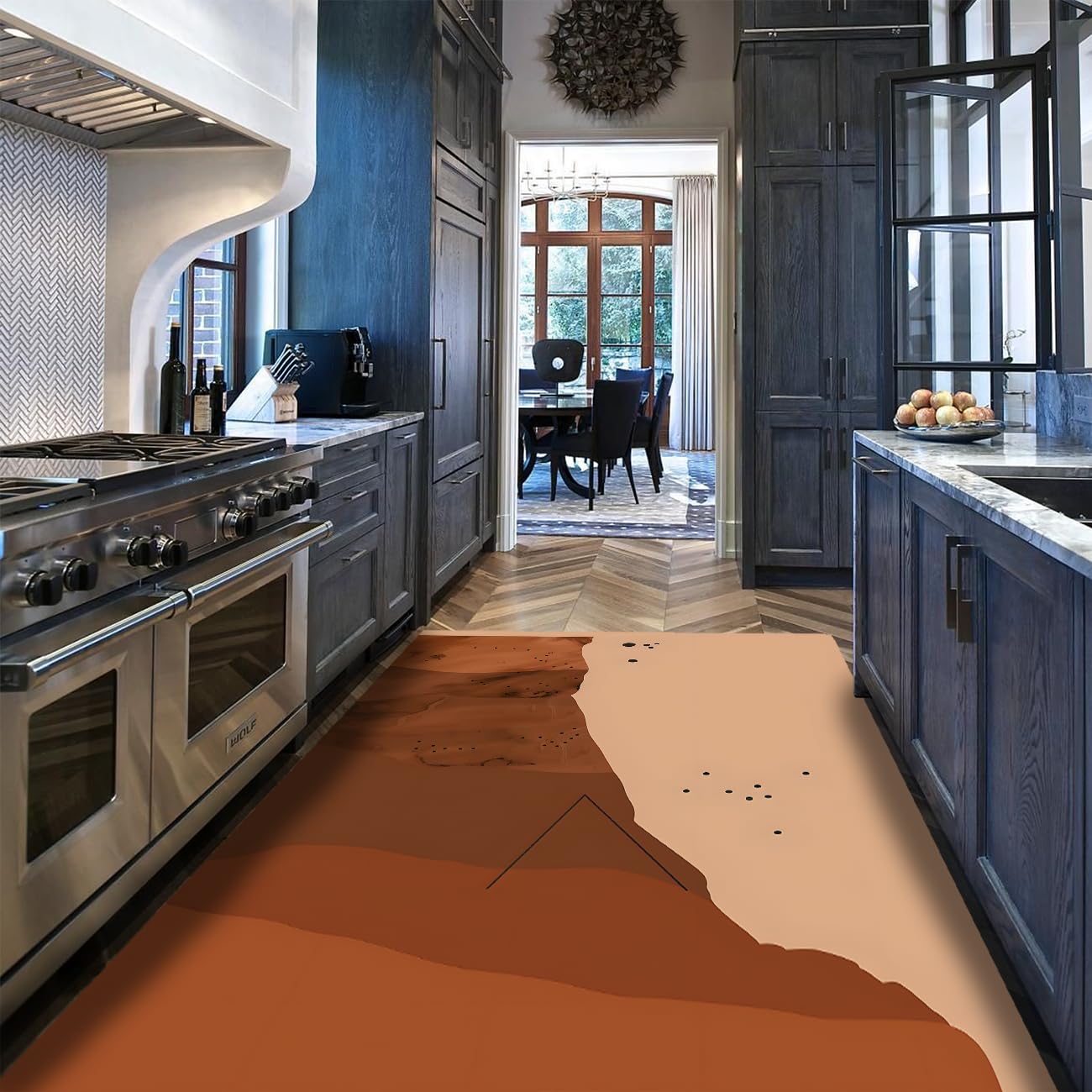Descente de lit chaleureuse terracotta et tapis abstrait de chambre