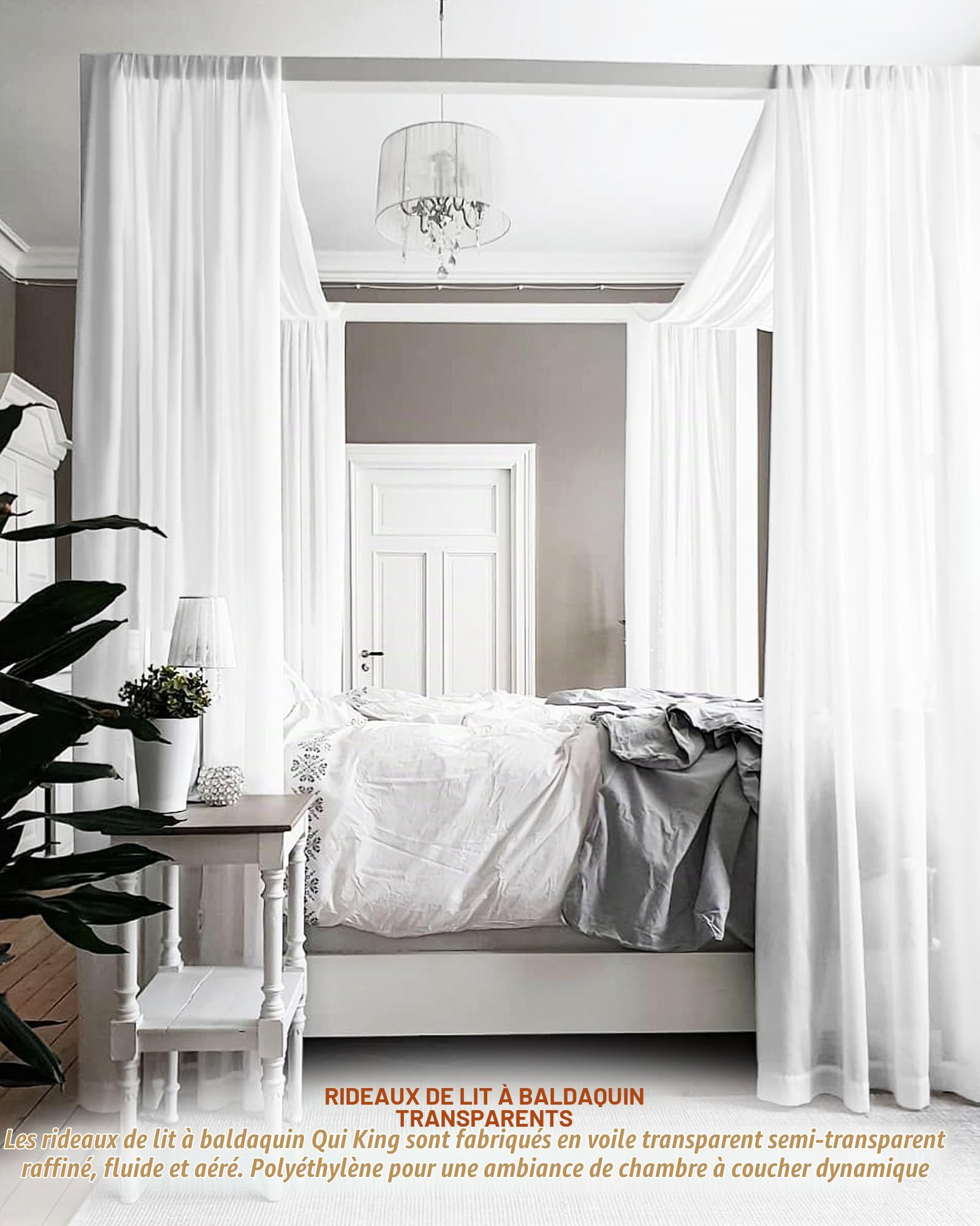 Showgeous Lot de 2 rideaux à baldaquin blanc de 140 x 548 cm pour cadre de lit double/grand lit, rideaux de lit transparents, voilages en tulle