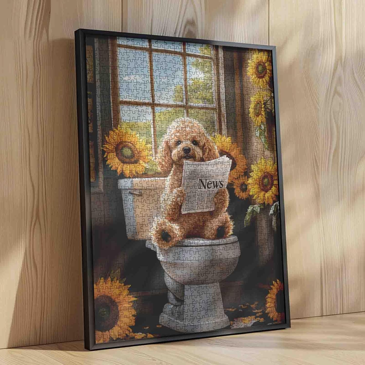Tucocoo Funny Dog Bathroom Puzzle for Adults, 1000 Piece Jigsaw Cute Poodle Reading Newspaper on Toilet with Sunflowers Puzzles, Challenging Puzzles for Adults, Family Games, Home Wall Art Decor Gift