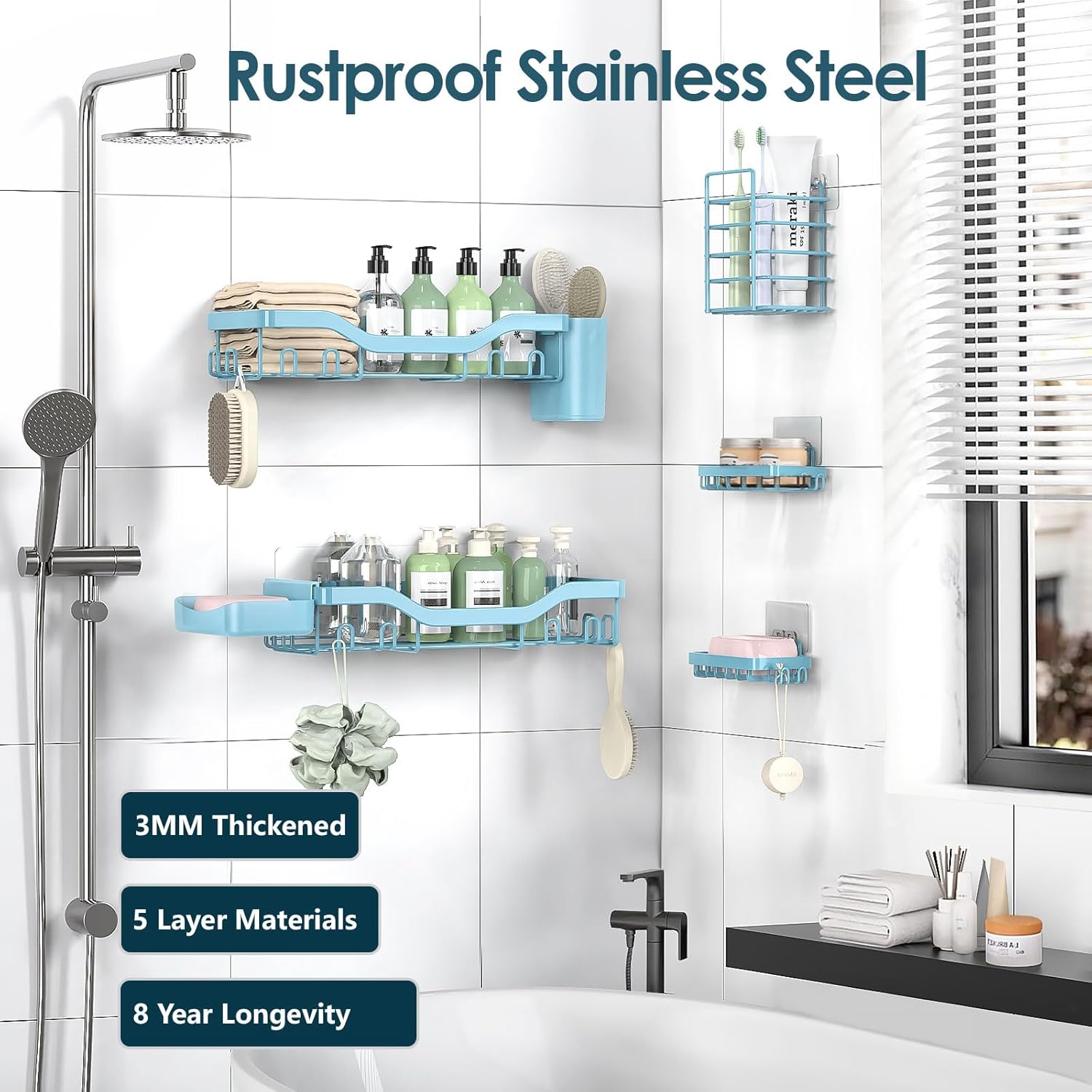 NESOMI Shower Caddy Adhesive Shower Organizer 7-Pack, Rustproof Stainless Steel Bathroom Shelves, Large Capacity No-Drill Rack Storage Accessories with Soap Dish Toothbrush Holder Hooks