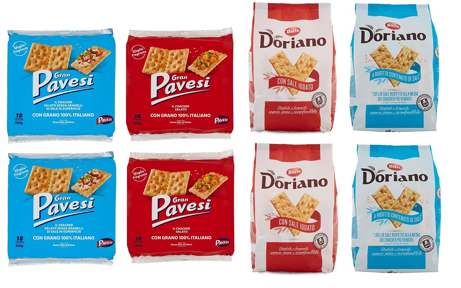 Paquete de prueba Galletas Pavesi con granos de sal (2 x 560 g) + Pavesi sin granos de sal (2 x 560 g) + Doria con sal yodada (2 x 700 g) + Doria con contenido de sal reducido (2 x 700 g)