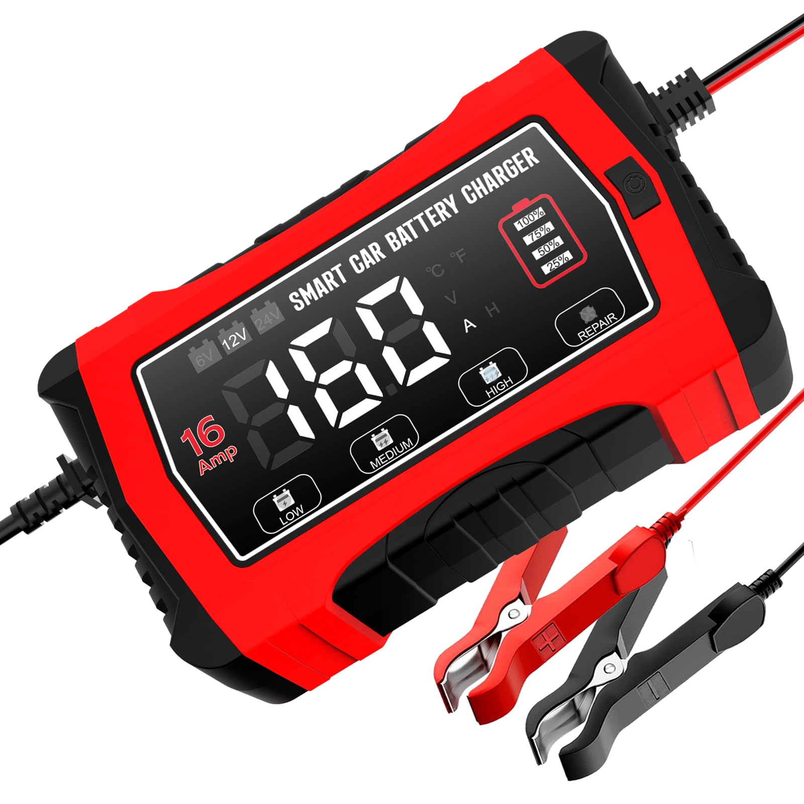 Haisito Adfuaer ładowarka do akumulatora samochodowego 16 A, 12 V, 16 A, 24 V, 10 A, liFePO4 kwasowo-ołowiowa (AGM/żel/SLA itd.), ładowarka do akumulatora, ekran LCD nadaje się do motocykli, łodzi