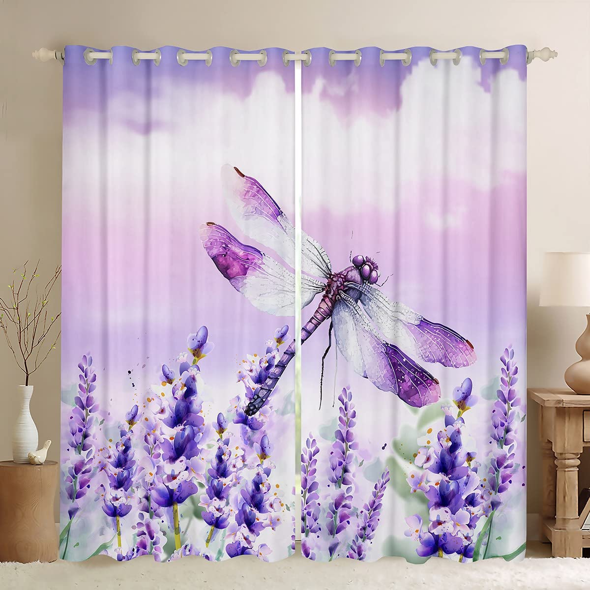 Manfei Dragonfly Blackout Curtain Lavender Flower Window Drapes for Kids Boys Girls Room Decor Botanical Floral Print Window Treatments Grommet Top 2 Panel Set Bedroom Curtains