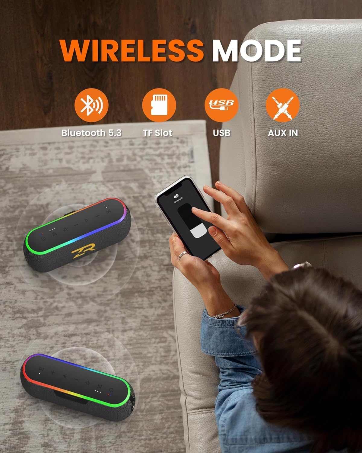 Bluetooth Speaker, Portable Wireless Speakers with Hooks, 40W Deep Bass EQ, IPX6 Waterproof, Bluetooth 5.3 TWS, RGB Lights, 15H Playtime, Built-in Battery for Outdoor Camping Beach (Black) - Image 5