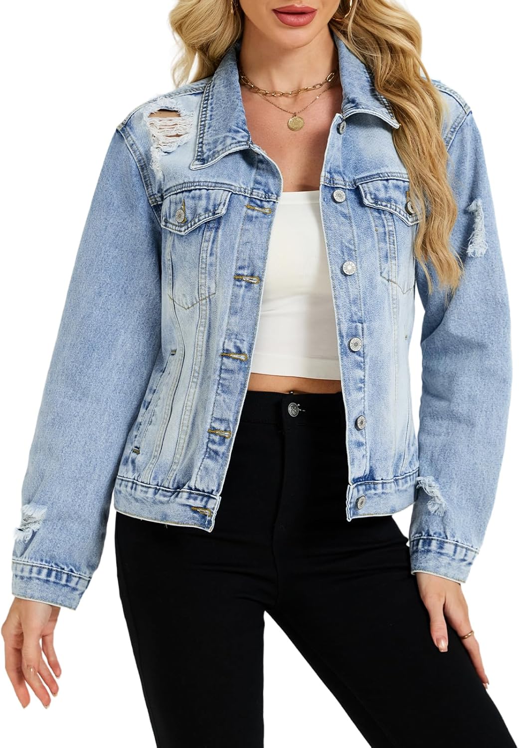 LifeShe Denim Jacket for Women Basic Fitted Distressed Jean Jackets Spring Ripped Shacket Coats Trendy