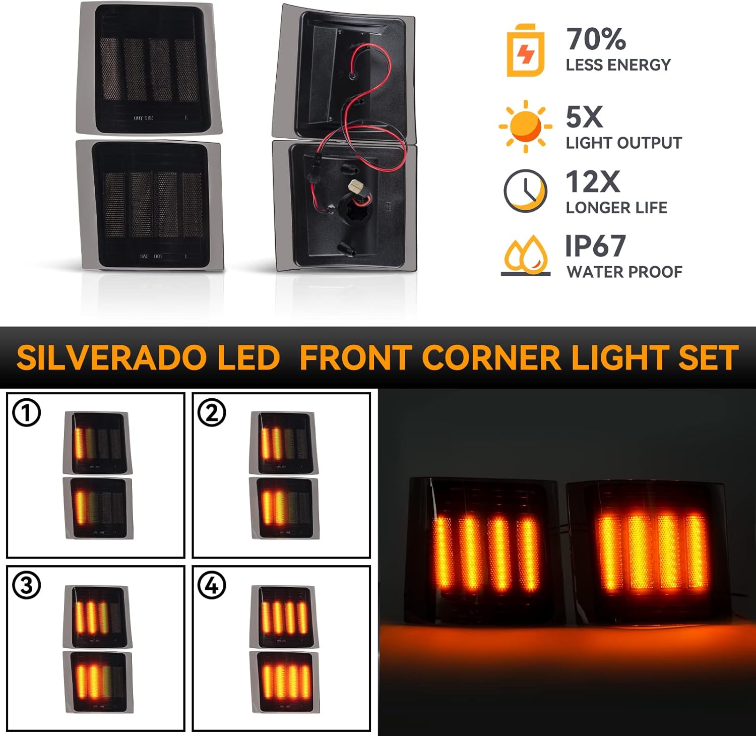 POPMOTORZ 4 Pack LED Front Corner Light Side Marker Signal Lamps Assembly Kit for Chevy C/K Series 1500 2500 3500 Chevy Tahoe/Chevy Suburban/Chevrolet Silverado 1994-1998 Pickup Truck Smoked Len