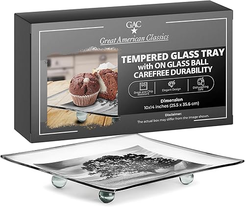 GAC Bandeja rectangular de vidrio templado para servir en bola de vidrio, 10 x 14 pulgadas, bandeja de servir resistente a roturas y astillas, para