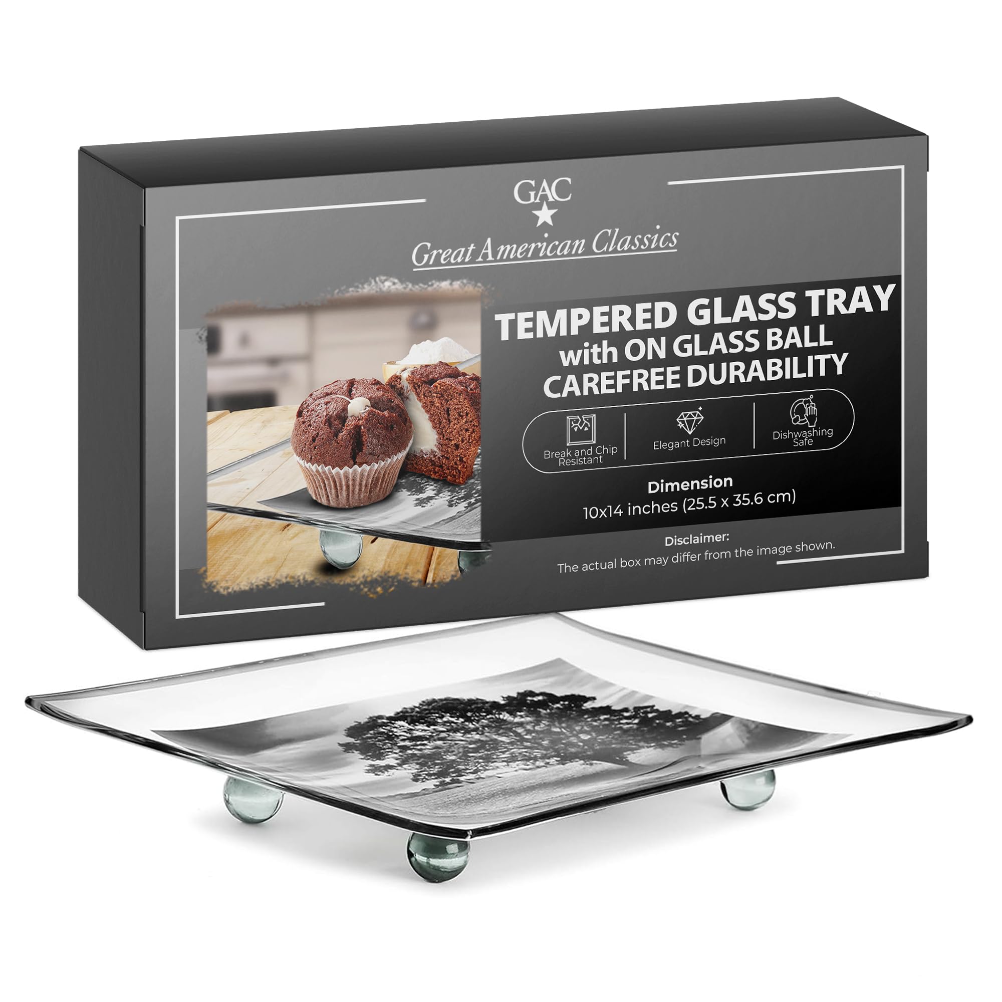 GAC Unique Landscape Design Rectangular Tempered Glass Serving Tray – 10x14 Inch – Break and Chip Resistant – Attractive Multi-Colored Serving Platter 10x14 inch Grey