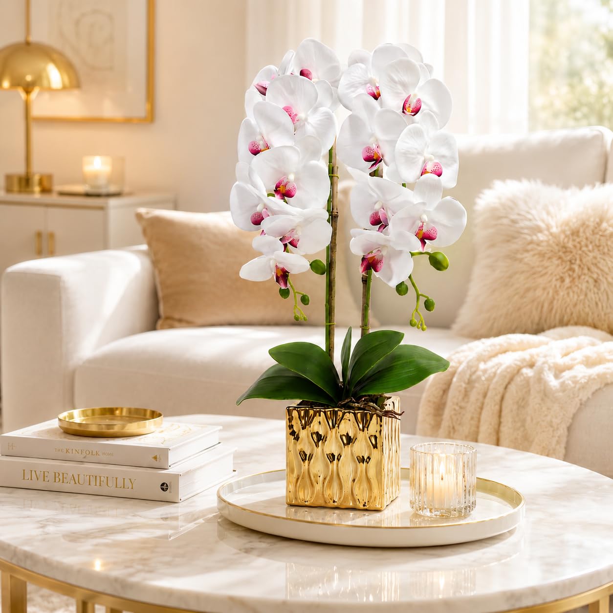 PASCH® Orchidées artificielles - Fleurs artificielles en pot - Fleurs artificielles semblables à de vraies - Orchidées artificielles en pot - Fleurs artificielles en pot (blanc/doré (65 cm)