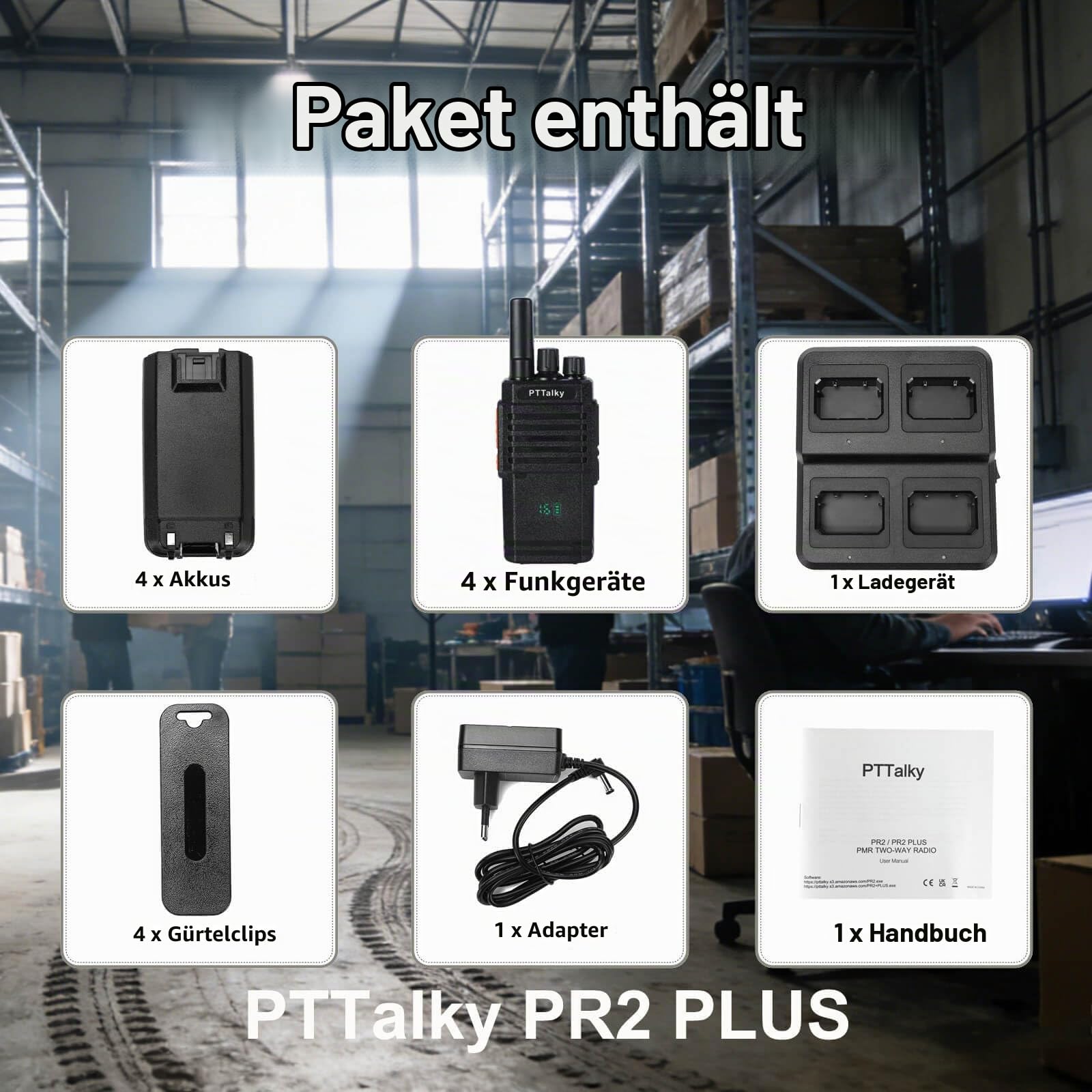 PTTalky PR2 Plus Walkie Talkie mit Display 4 Stück with 4-Kanal-Ladegerät | Wiederaufladbares PMR funkgerät 16 Kanäle CTCSS/DCS walki talki Erwachsene