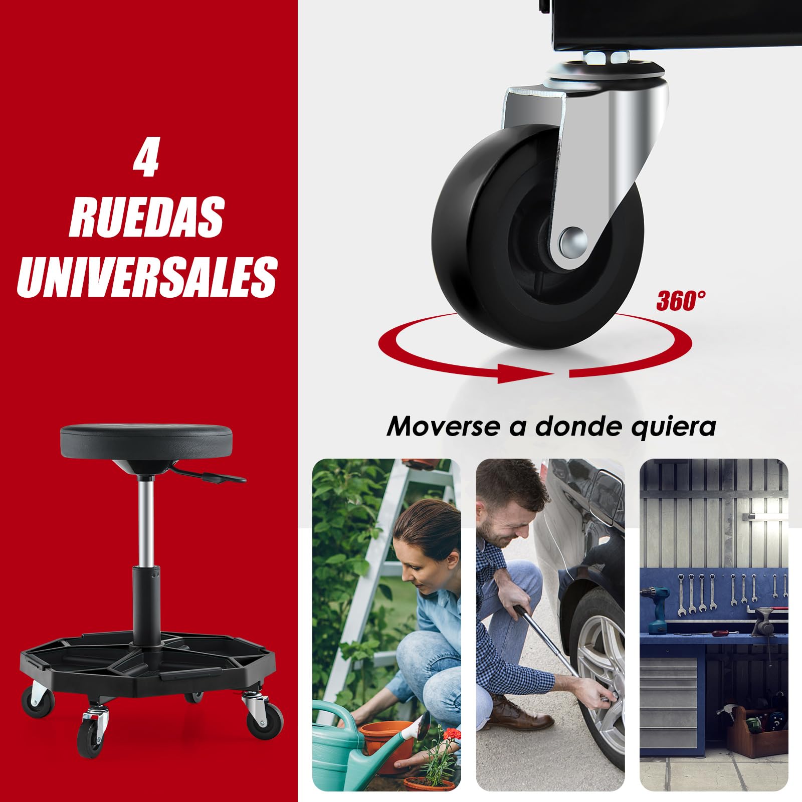 COSTWAY Neumático Rodante Taburete Mecánico, Asiento Ajustable con Asiento Acolchado de 150 KG, Bandeja para Herramientas, Taburete Rodante para Garaje y Taller de Reparación de Automóviles (Negro)