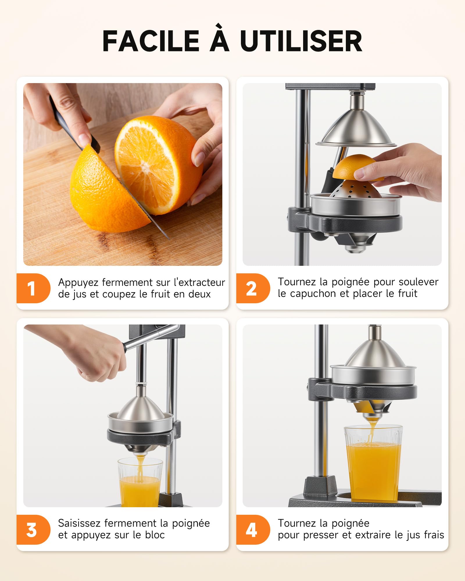 CO-Z Presse Agrumes Manuel Professionnel Silencieux en Acier Inoxydable de Qualité Alimentaire Broyeur Jus Presse Orange Lime Citron Pommes Fruit, Gris