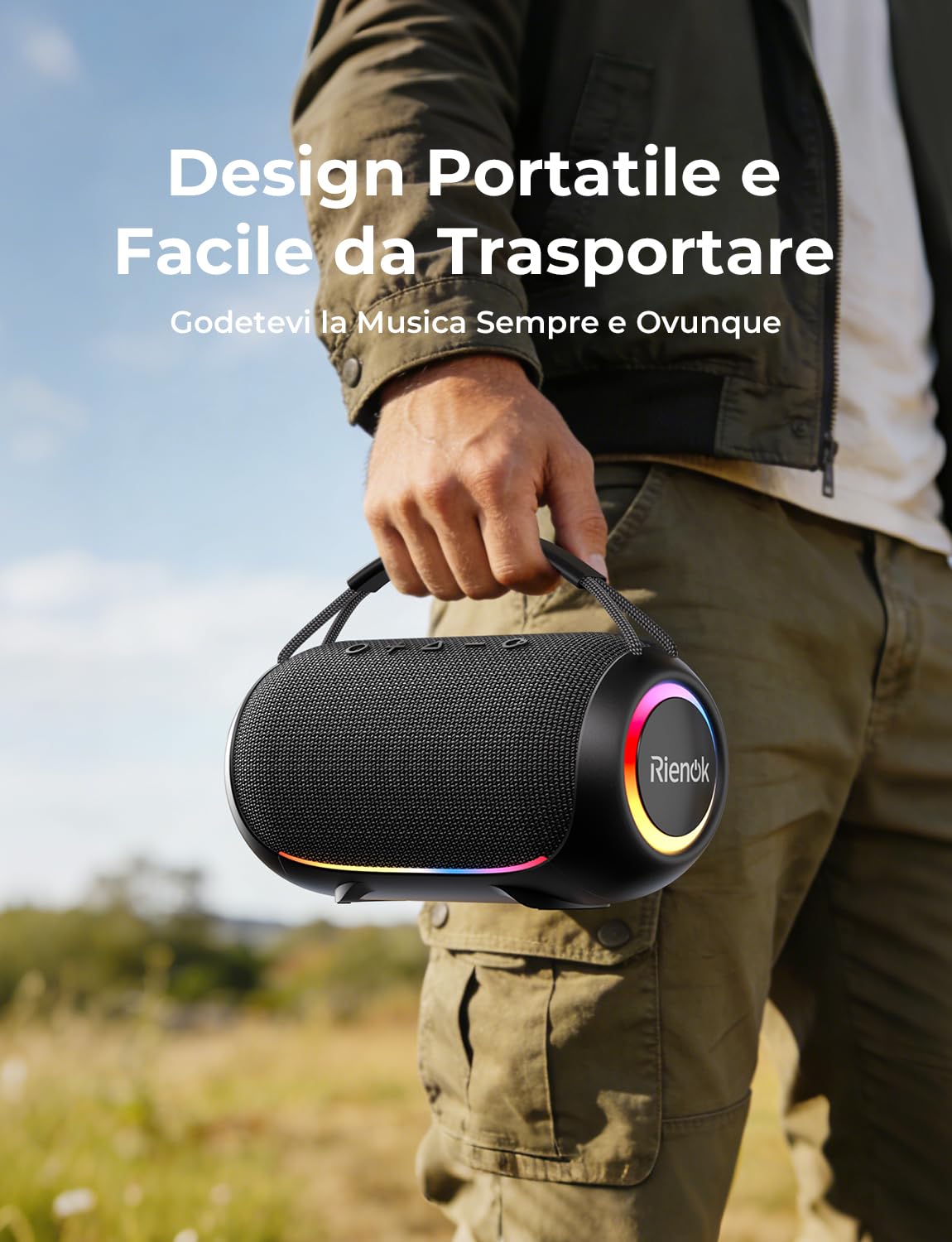 RIENOK Cassa Bluetooth Potente Portatile 80W Esterno Impermeabile IPX6, 30 Ore di Autonomia, Supporta Chiavetta USB/Scheda TF/AUX, Senza Fili Speaker Bluetooth per Feste Campeggio Spiaggia