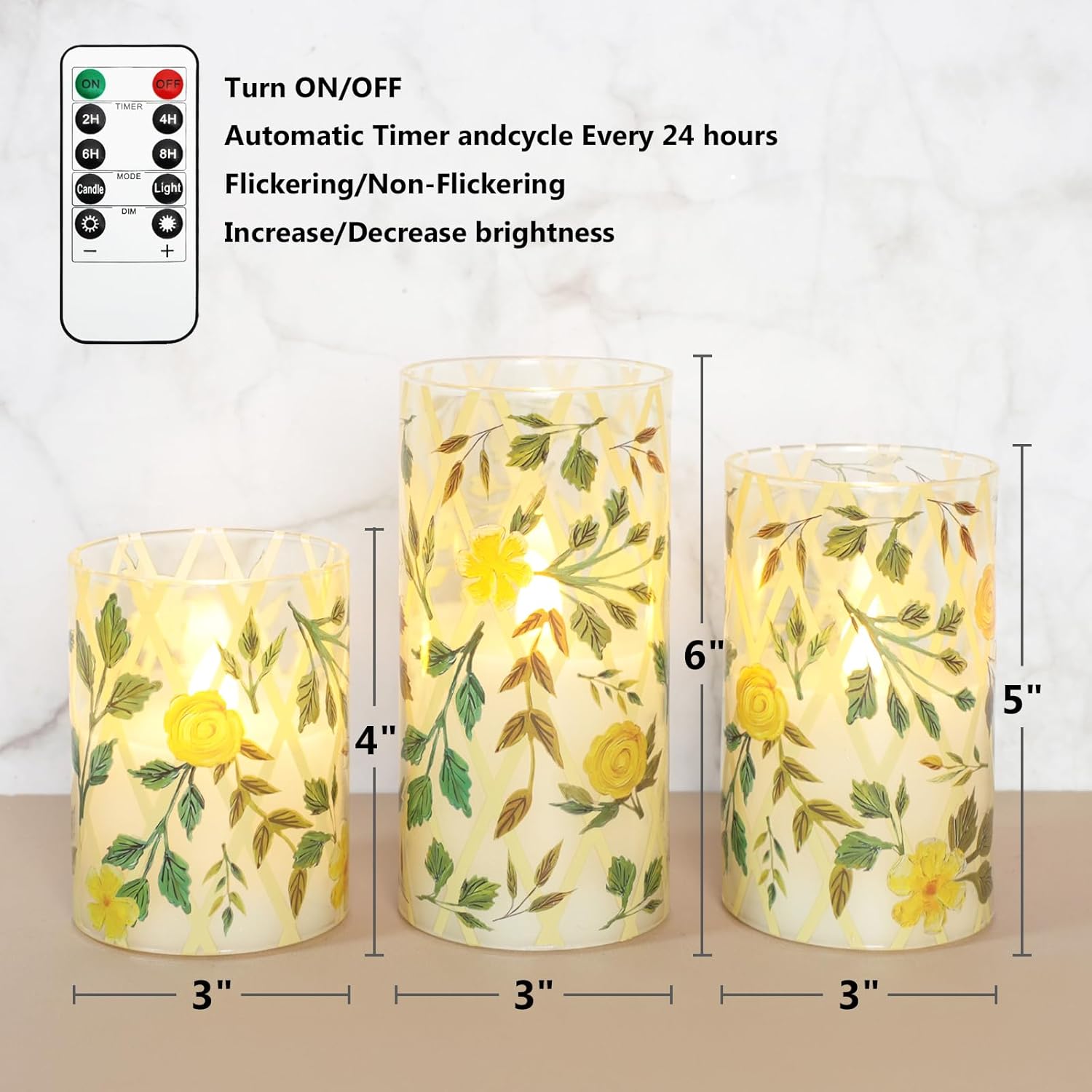 Crystal Club Yellow Floral Flameless Candles with Remote & Timer, 3D Wick Flickering Pillar LED Flameless Candles, Battery Operated for Home Wedding Party Festival Decor, Set of 3