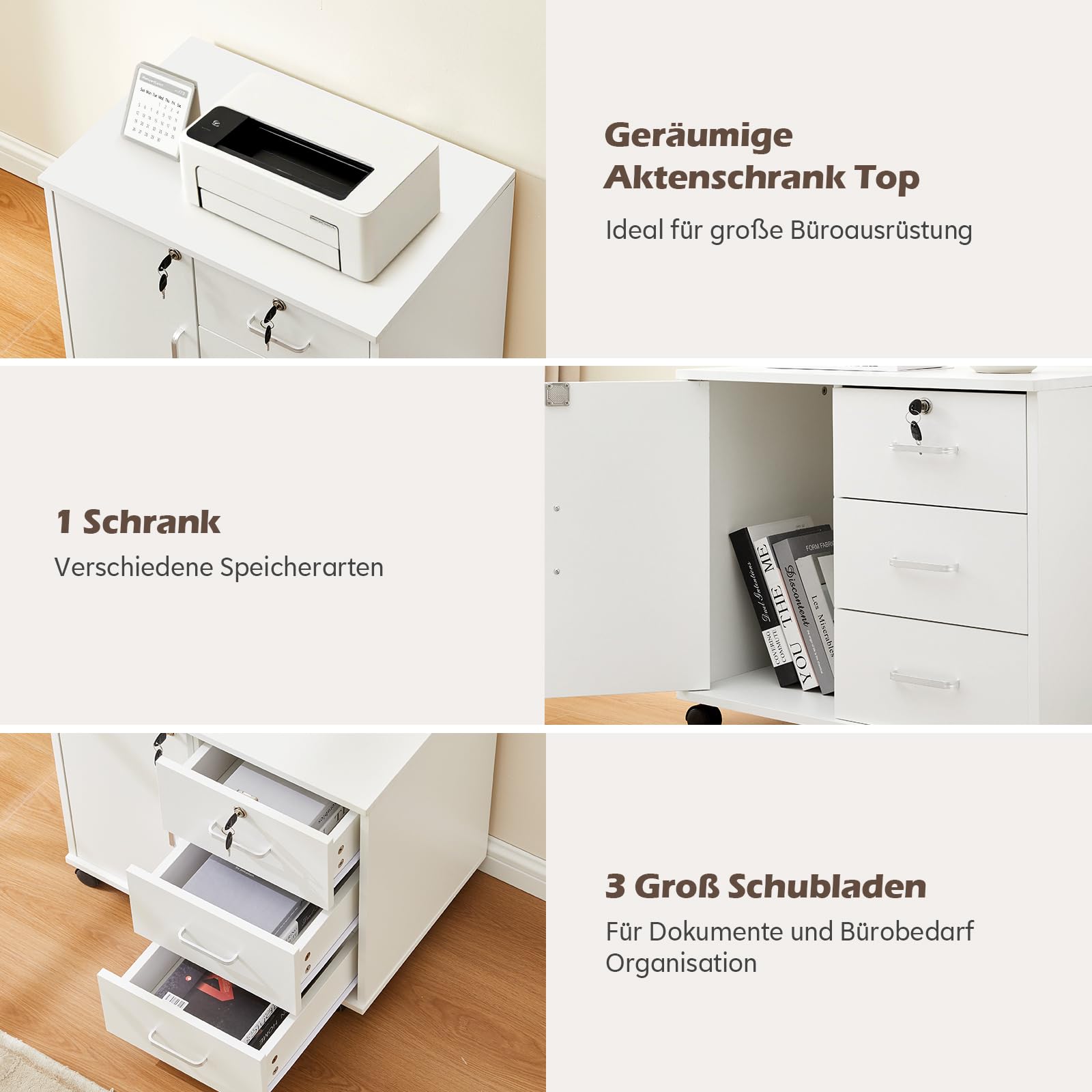 TUKAILAI Rollcontainer Abschließbar, Mobiler Aktenschrank mit 3 Schubladen und Schrankfach, 4 Rollen, Schubladenschrank für Büro und Home Office, Weiß