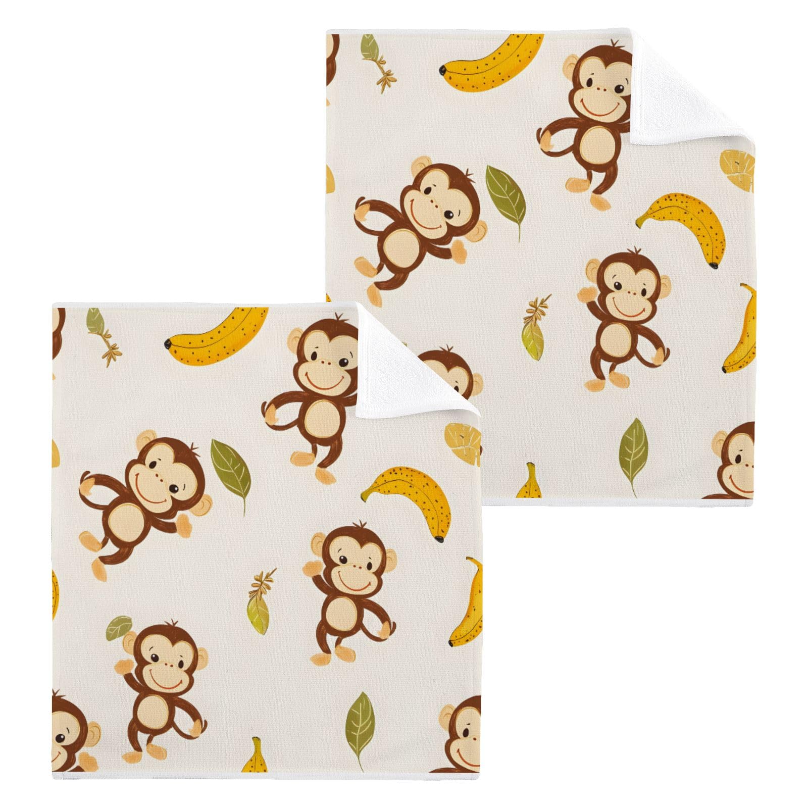 ALAZA Wash Cloth Set 100% Cotton Fingertip Towels Face Cloths Sets Monkeys Bananas Highly Absorbent Soft Feel Set of 2