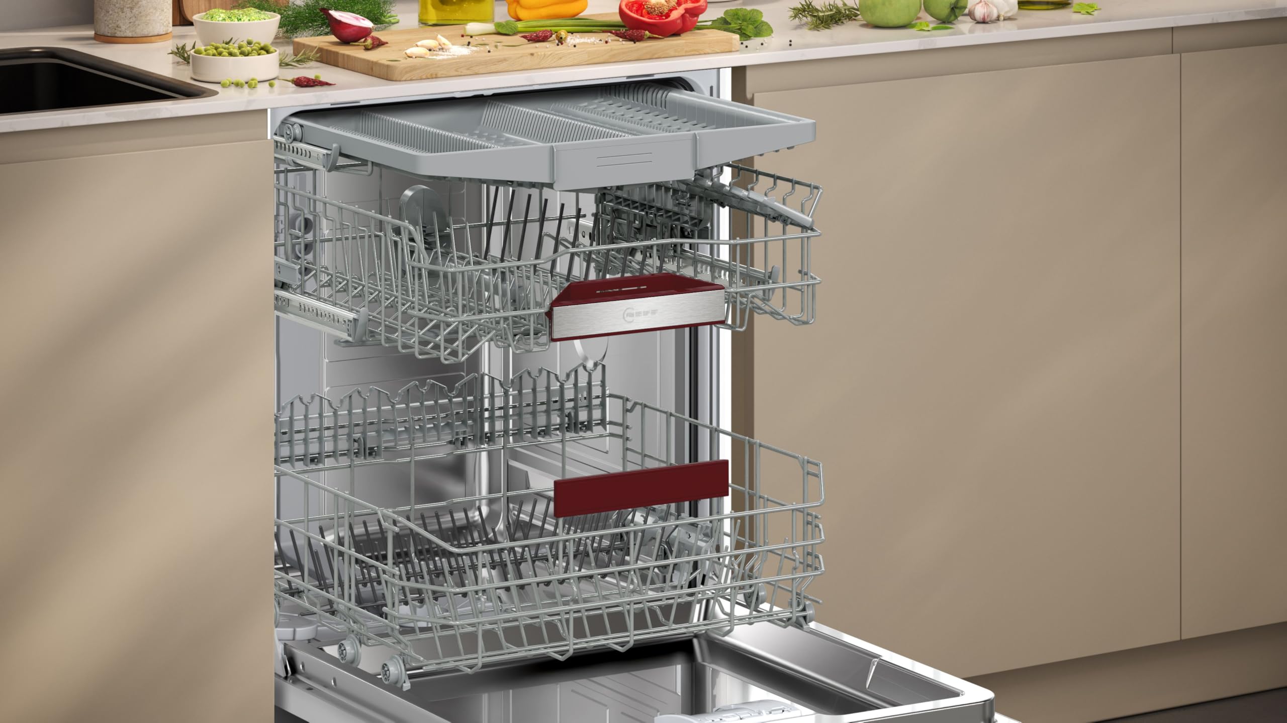 NEFF N 50 Geschirrspüler Teilintegrierbar 60 cm, S145HCS03E, Made in Germany, Flex 1-Korbsystem für einfaches Beladen, Chef 70 °C, Programme-Download, Leiser Betrieb, AquaStop | Made in Germany, Flex 1 Korbsystem und Besteckschublade für mehr Platz, Smart