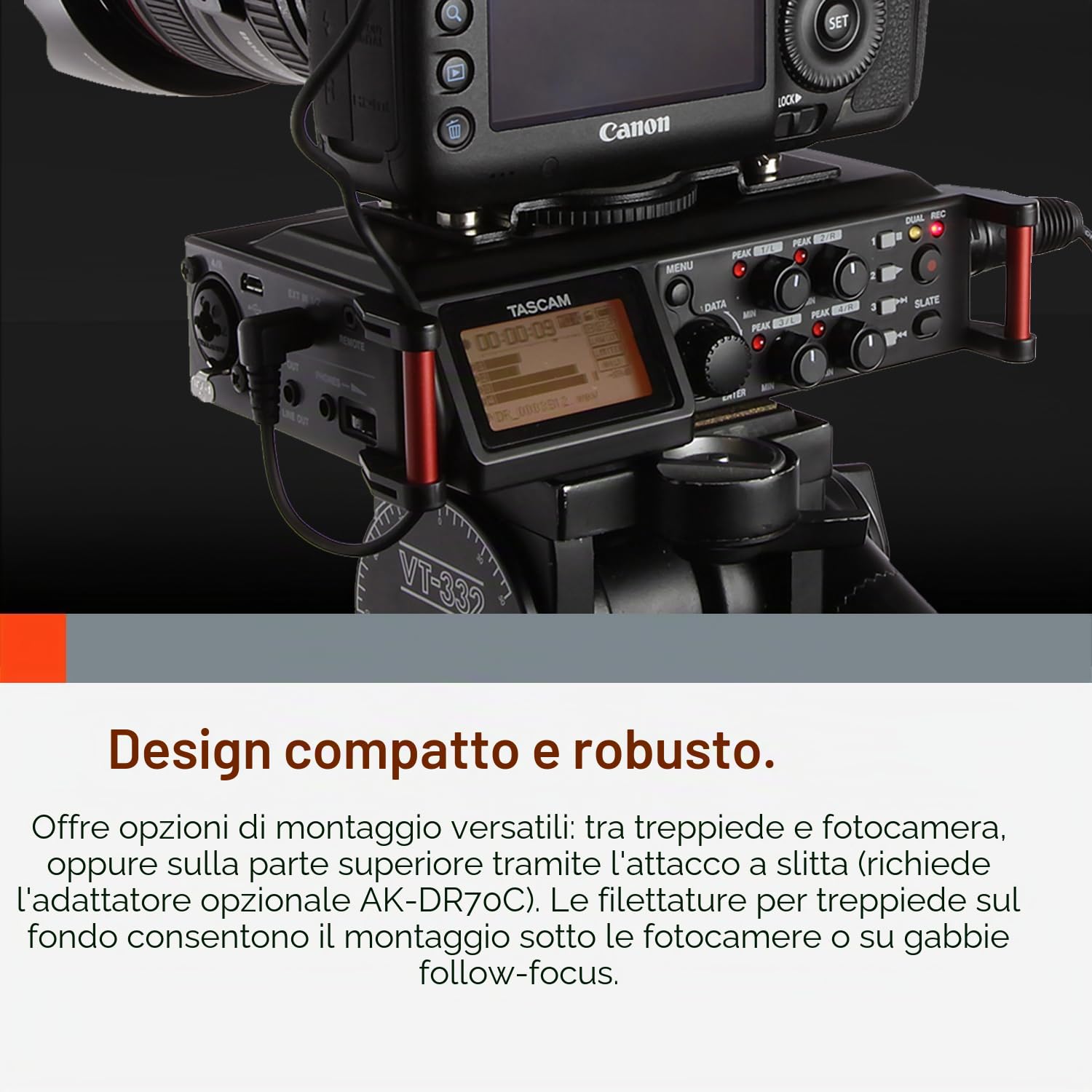 TASCAM Registratore audio portatile a 4 canali per video filmatore, 4 ingressi combo XLR/TRS, 2 microfoni interni, limitatore, filtro HP (DR-70D)