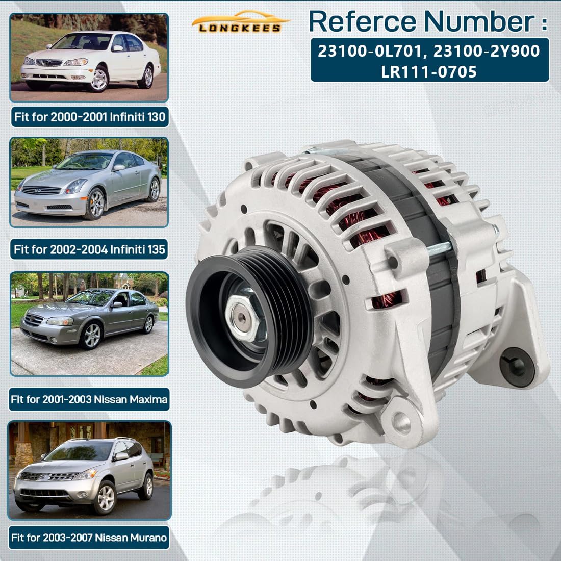 13826 Alternator 110A FIT 1995-2003 Nissan Maxima, FIT 2003-2007 Murano, FIT Infiniti I30 I35 3.0L 3.5L V6, 12V 6-Groove Pulley, Replaces 23100-0L701 23100-2Y900 LR111-0705